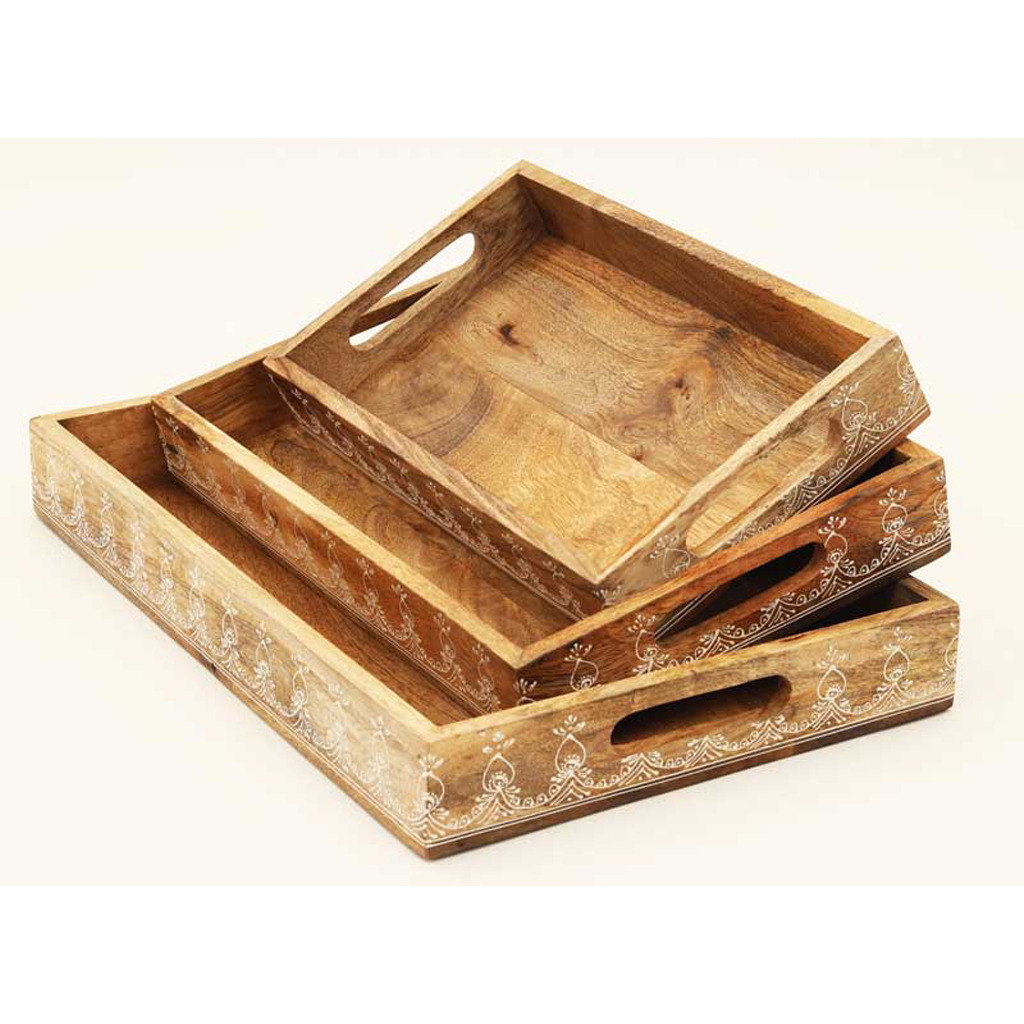 Set Of Three 12 Natural Rectangular Solid Wood Floral Handmade Serving Tray With Handles