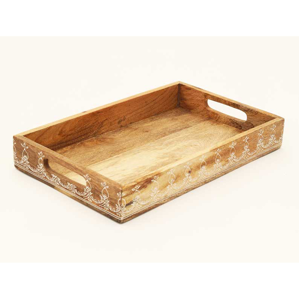 Set Of Three 12 Natural Rectangular Solid Wood Floral Handmade Serving Tray With Handles