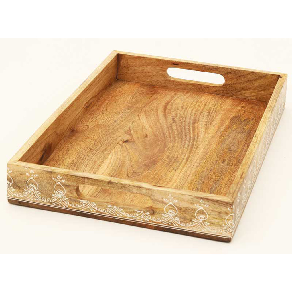 Set Of Three 12 Natural Rectangular Solid Wood Floral Handmade Serving Tray With Handles