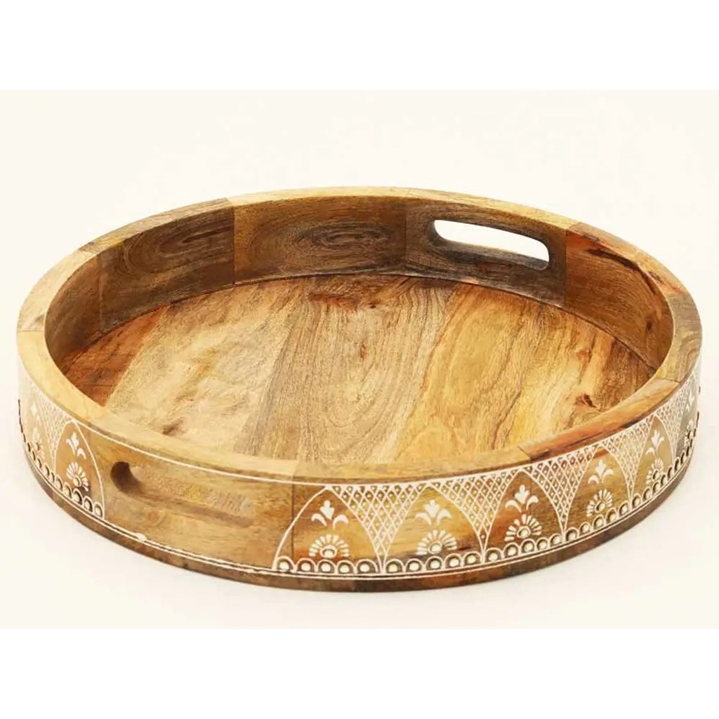 Set Of Three 18 Natural Round Solid Wood Floral Handmade Serving Tray With Handles