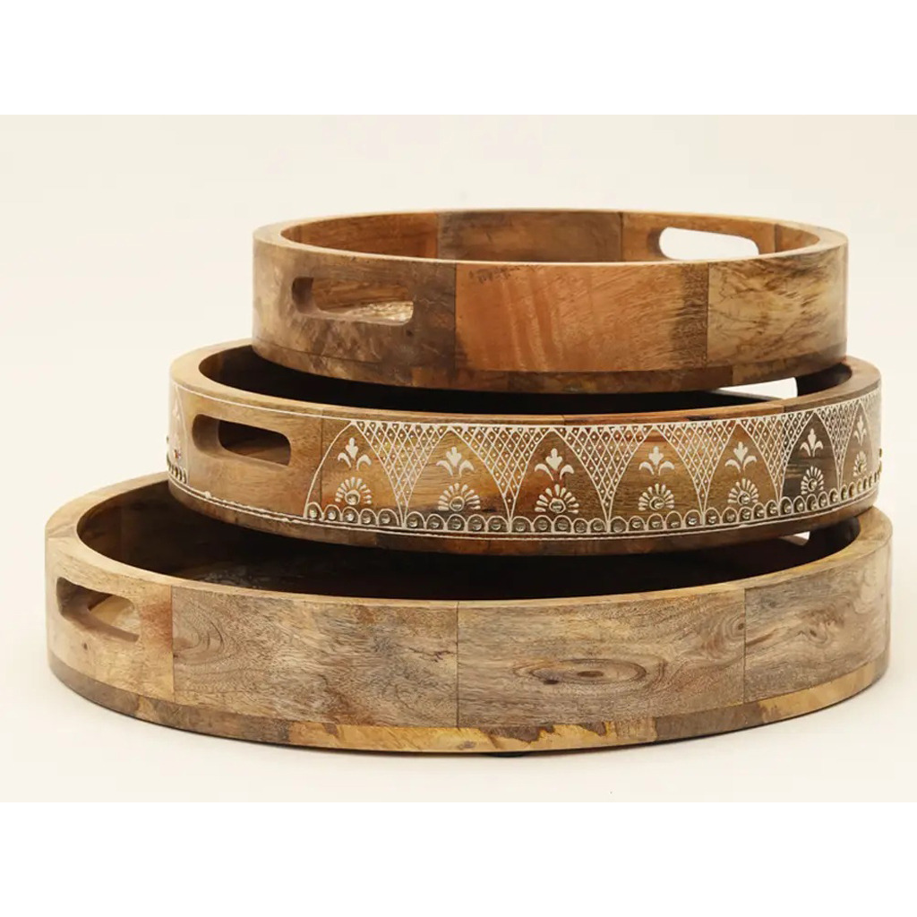 Set Of Three 18 Natural Round Solid Wood Floral Handmade Serving Tray With Handles