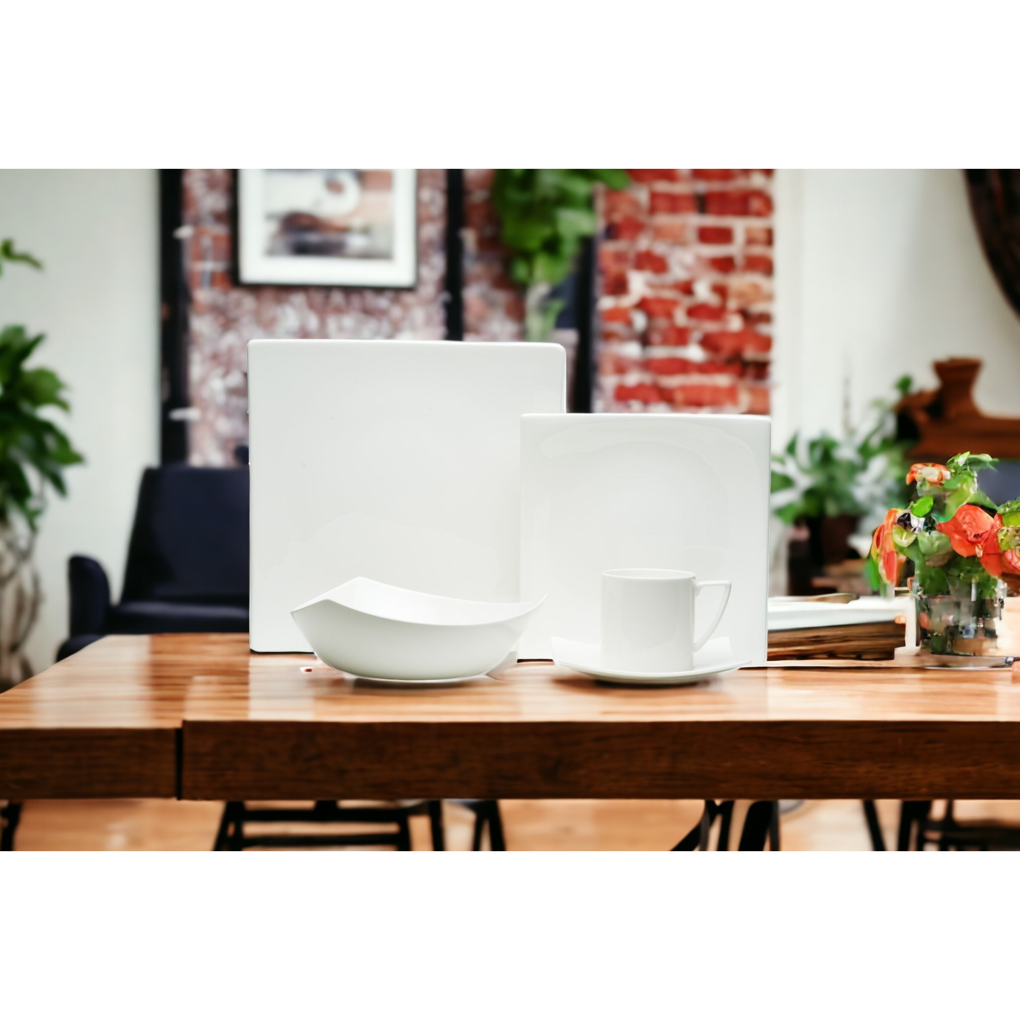 White Five Piece Square Bone China Dinnerware Set