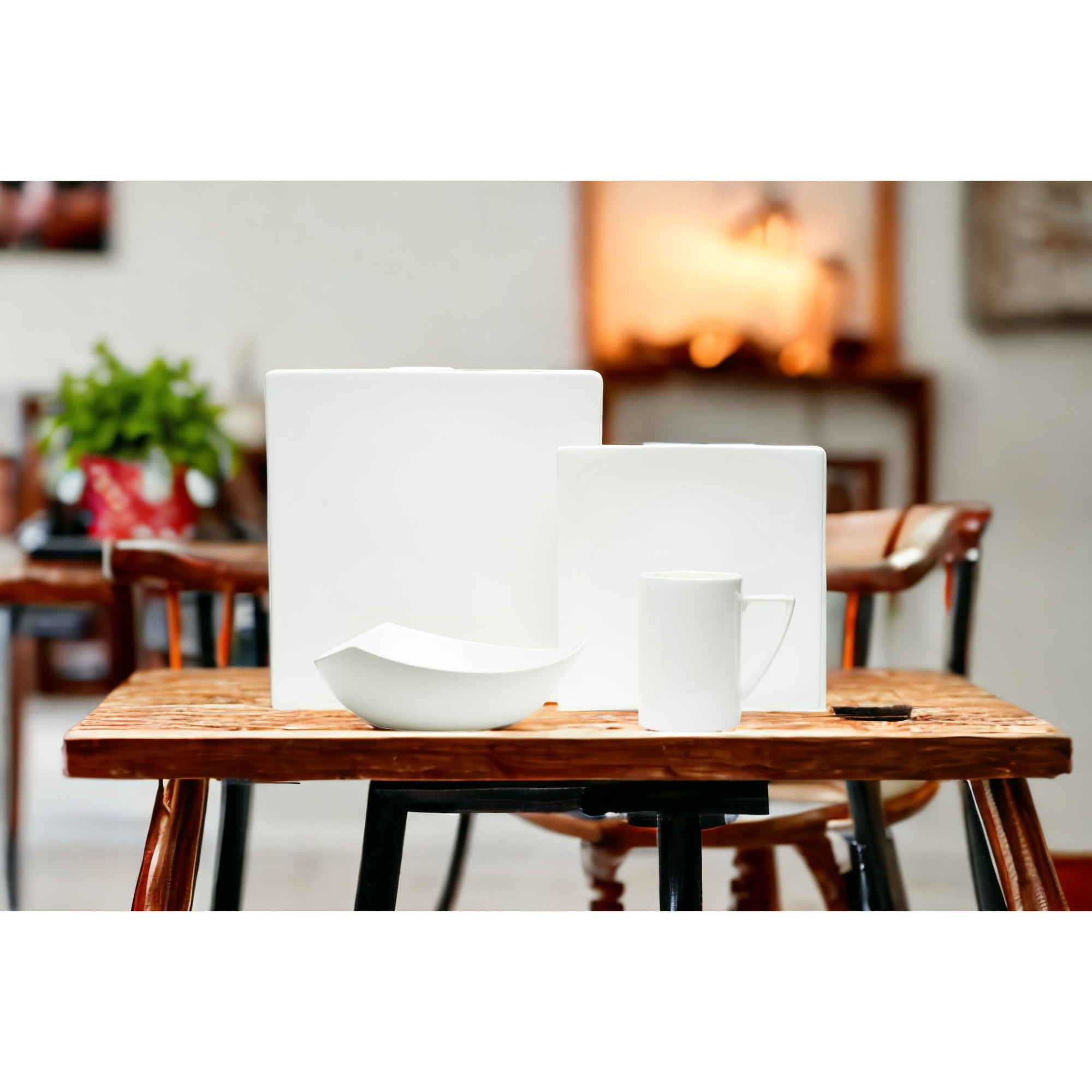 White Four Piece Square Bone China Dinnerware Set