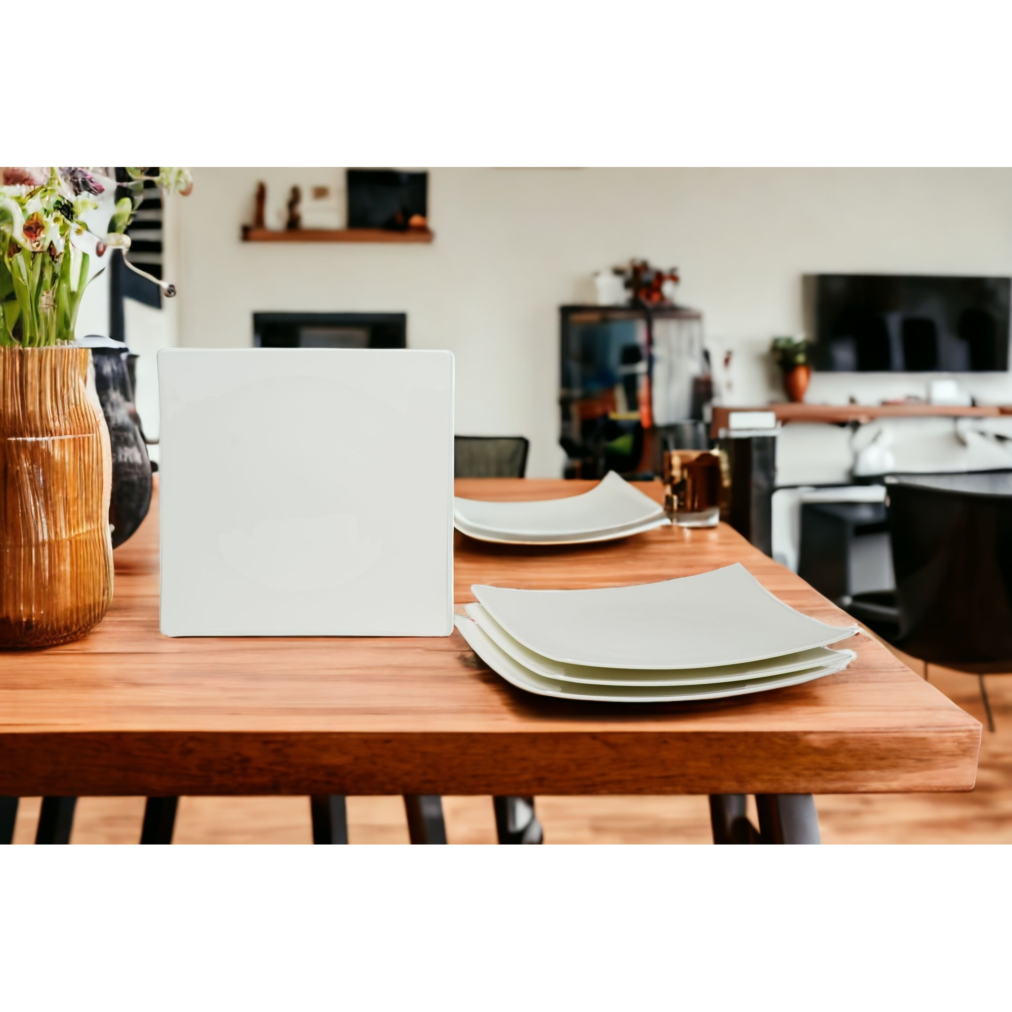White Six Piece Square Bone China Service For Six Dinner Plate Set