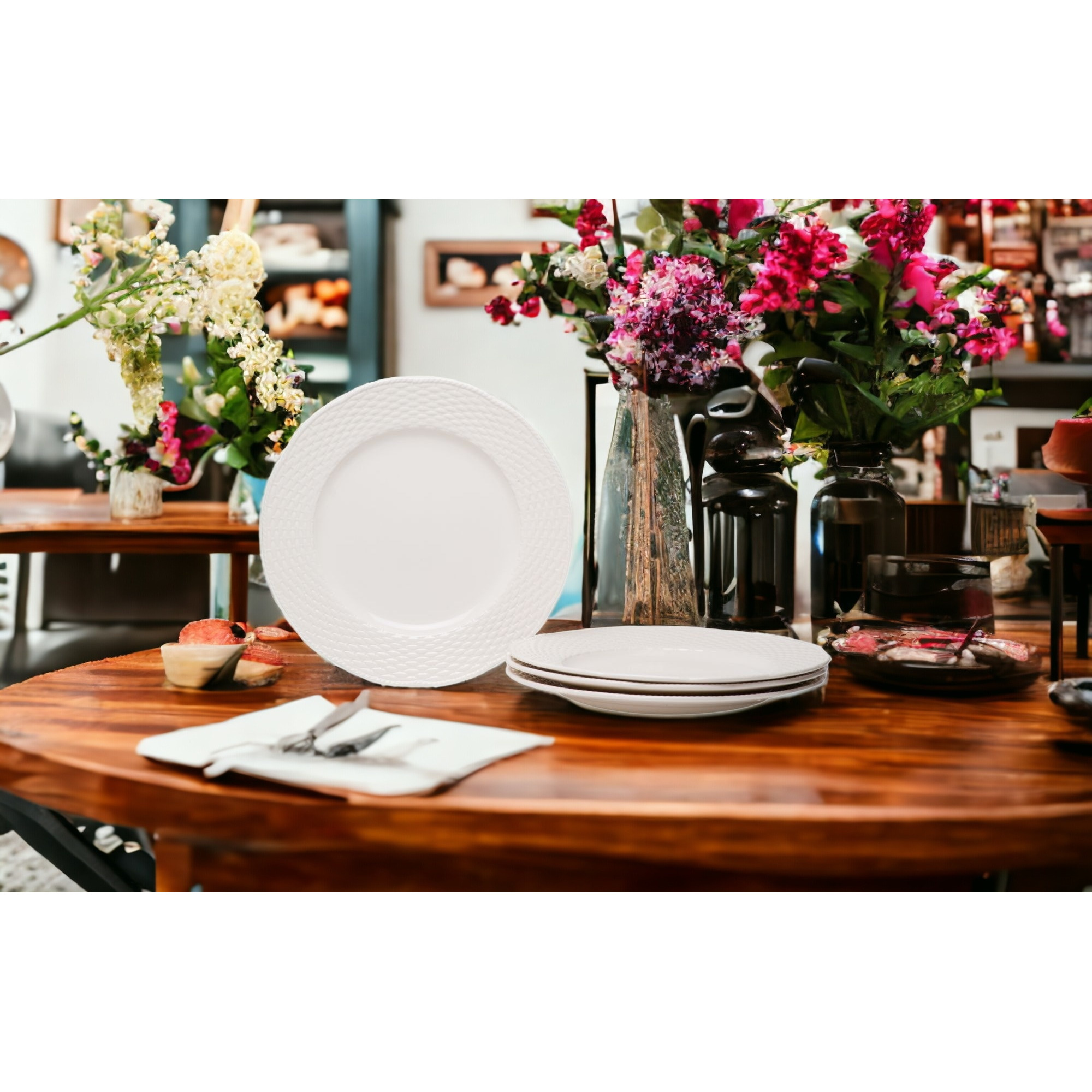 White Four Piece Weave Stoneware Service For Four Dinner Plate Set