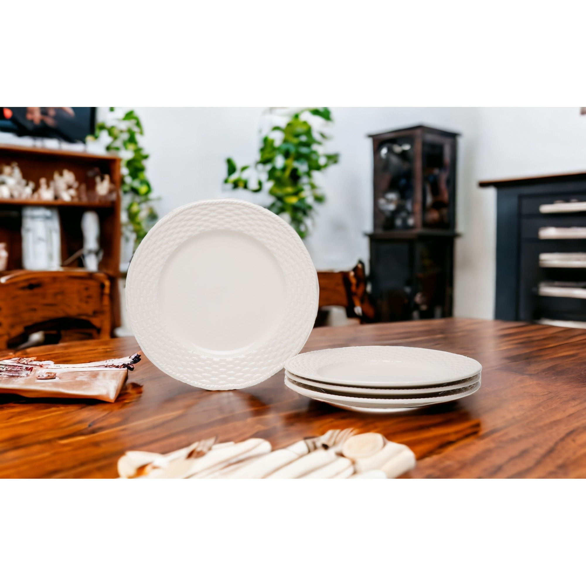 White Four Piece Round Weave Stoneware Service For Four Salad Plate Set