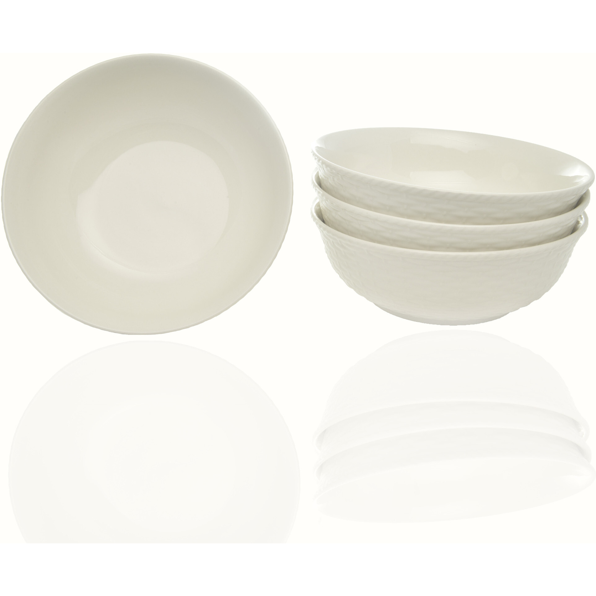 White Four Piece Round Weave Stoneware Service For Four Bowl Set