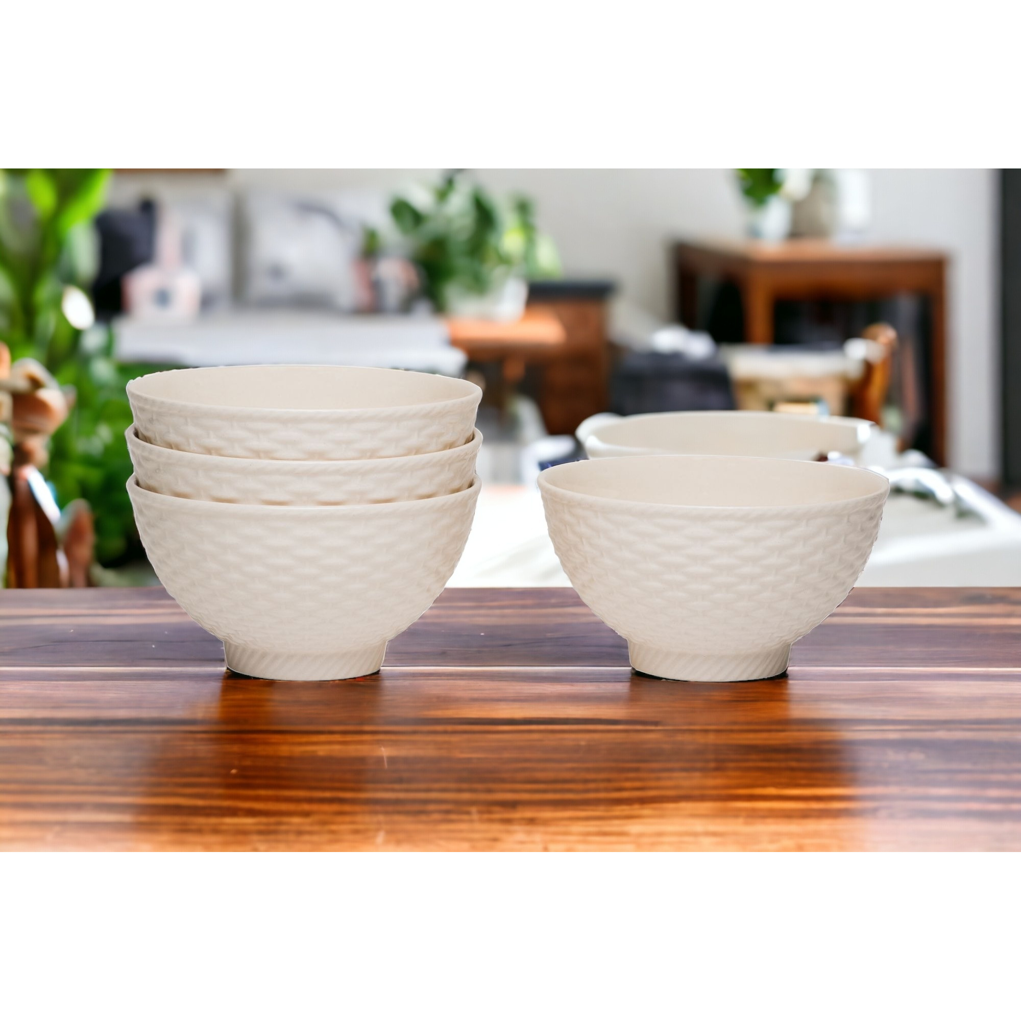 White Four Piece Weave Stoneware Service For Four Bowl Set
