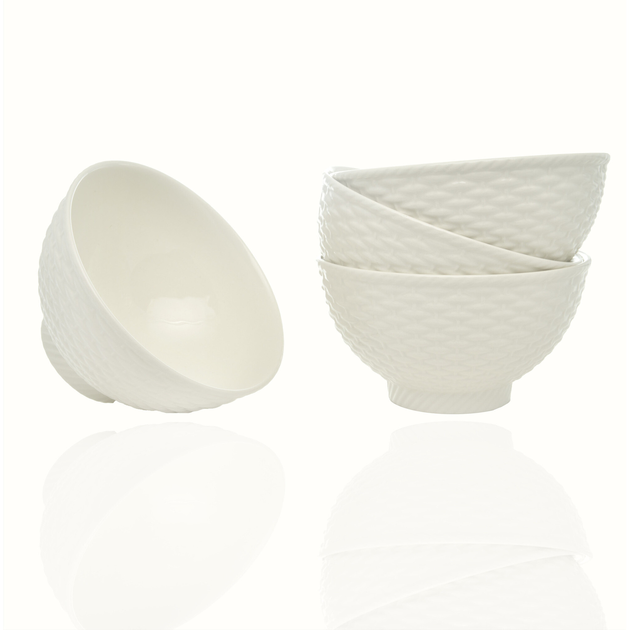 White Four Piece Weave Stoneware Service For Four Bowl Set