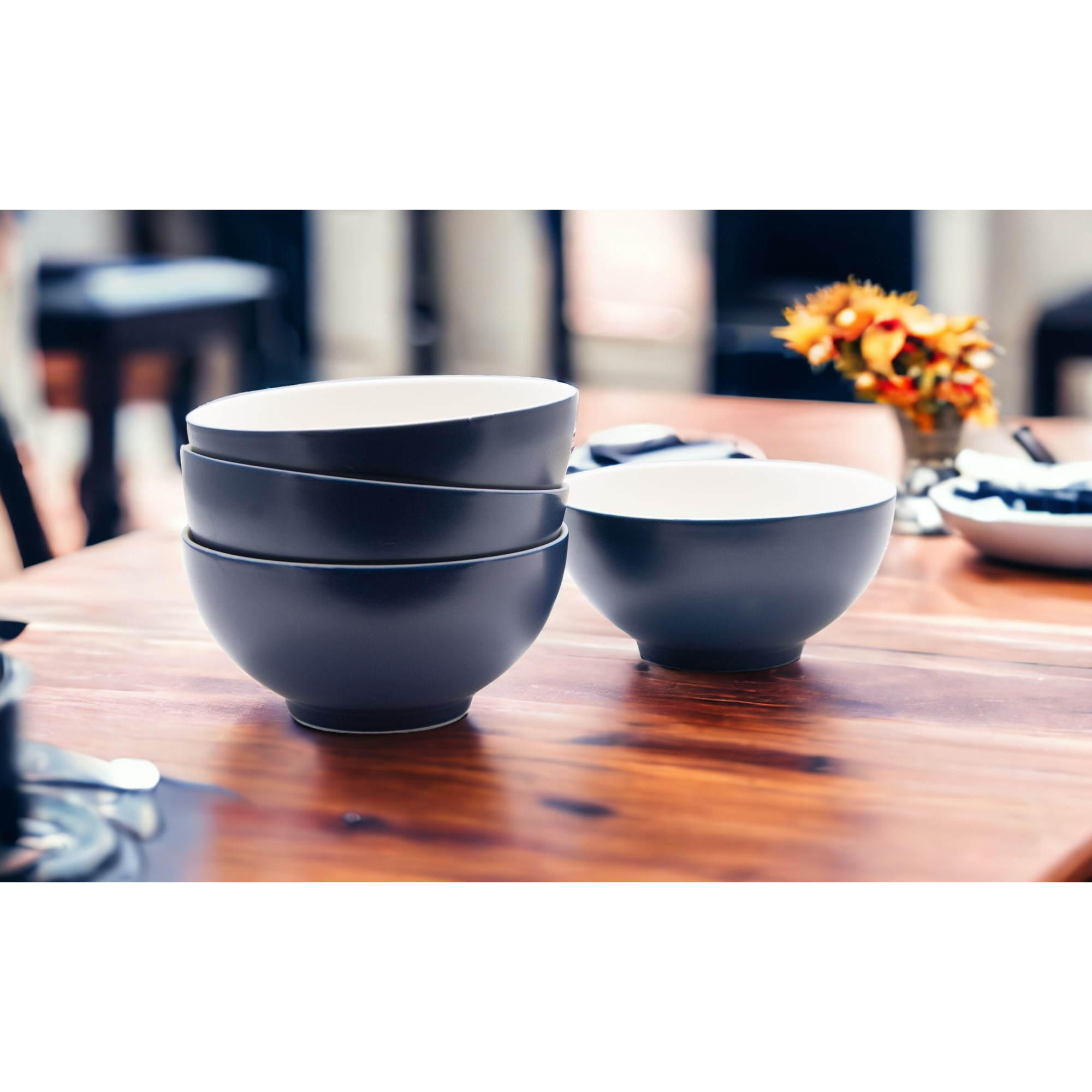 Blue and White Four Piece Porcelain Service For Four Bowl Set