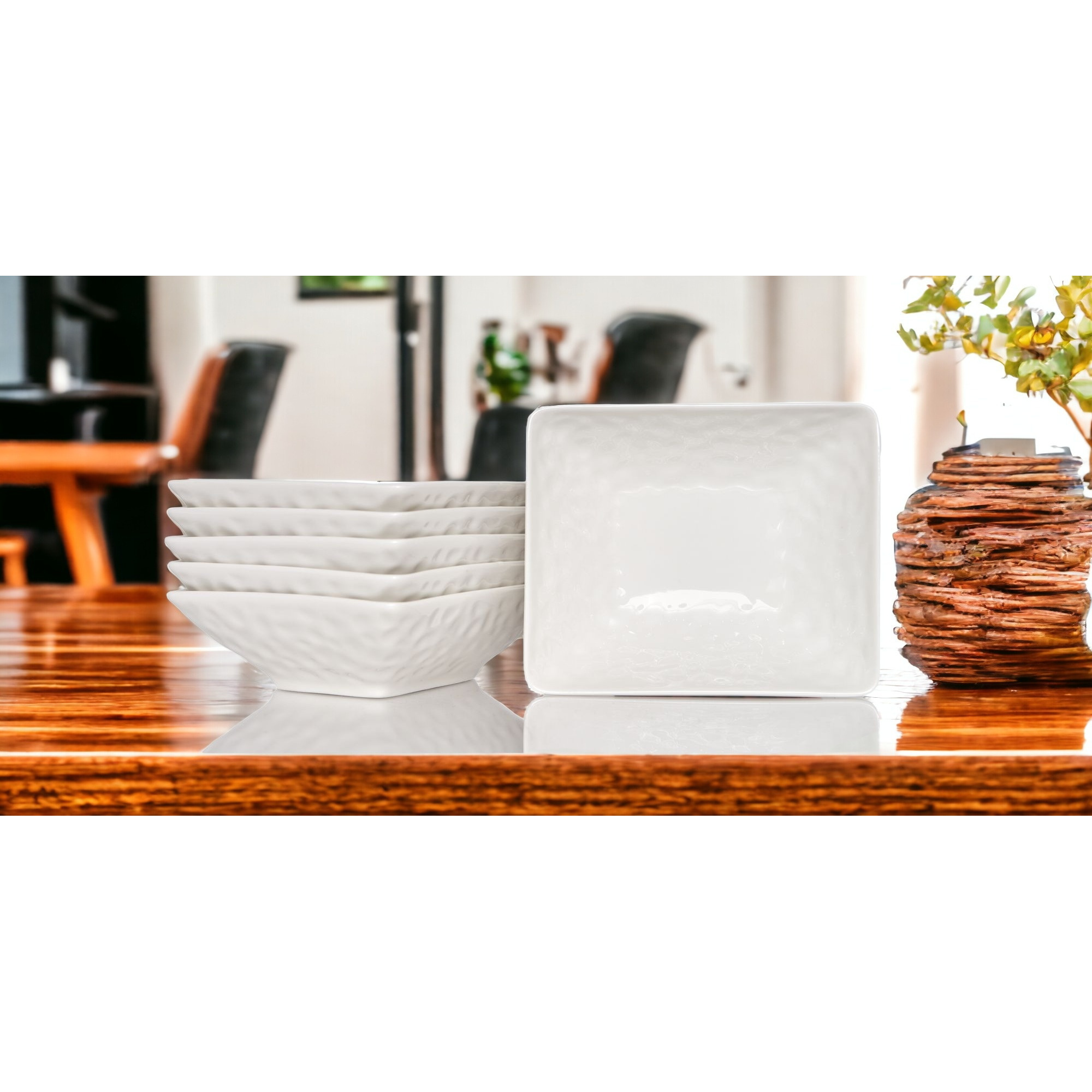 White Six Piece Pebbled Porcelain Service For Six Bowl Set