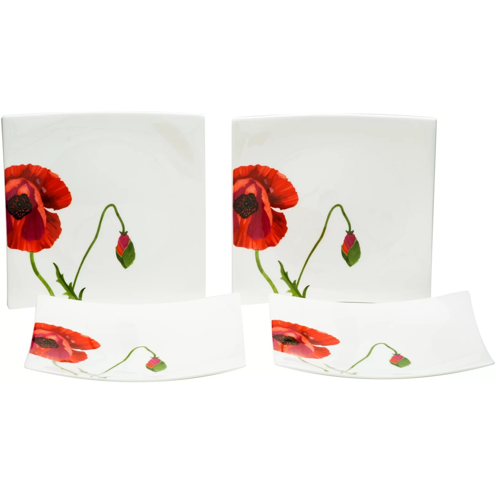 Red and White Six Piece Square Floral Bone China Service For Six Salad Plate Set