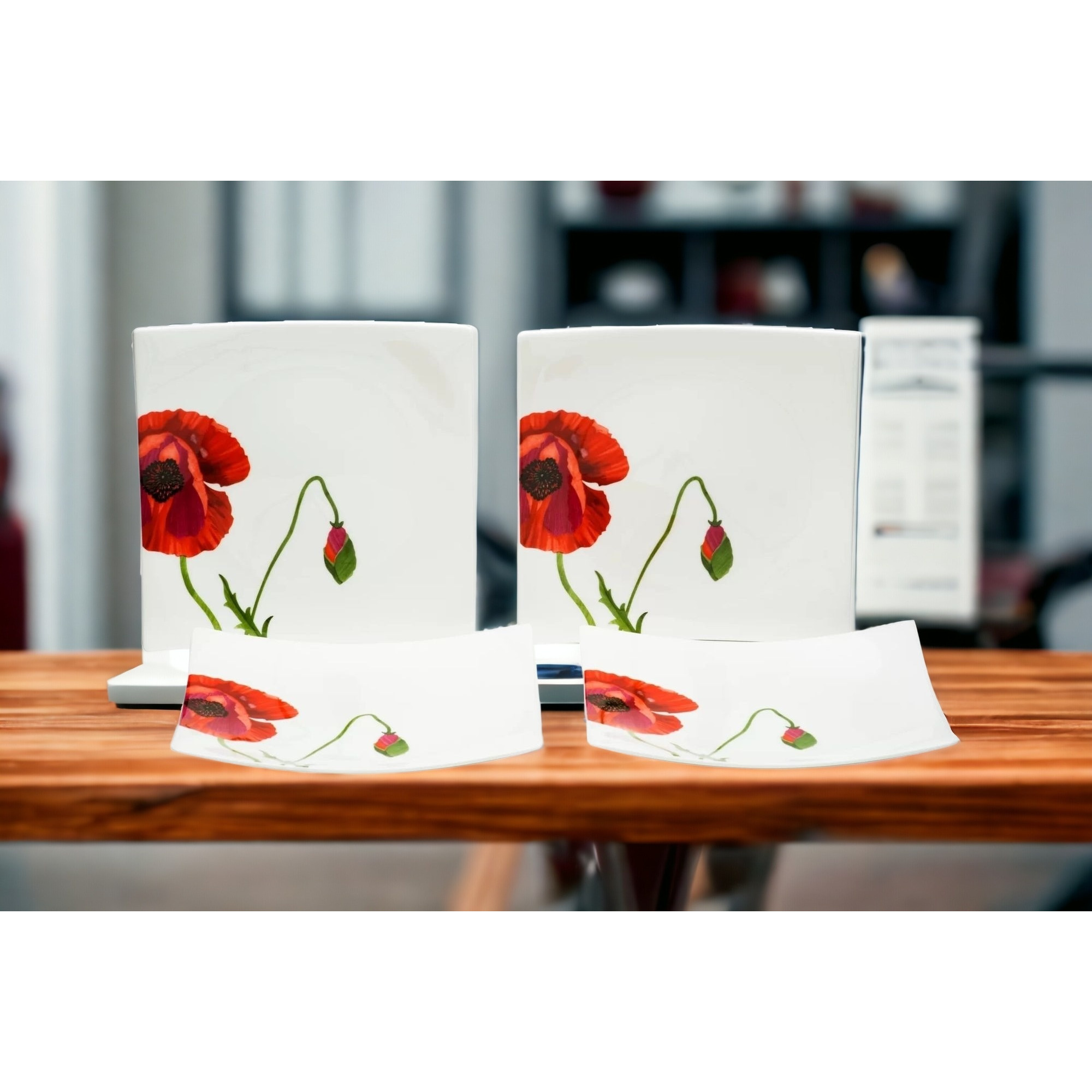 Red and White Six Piece Square Floral Bone China Service For Six Salad Plate Set