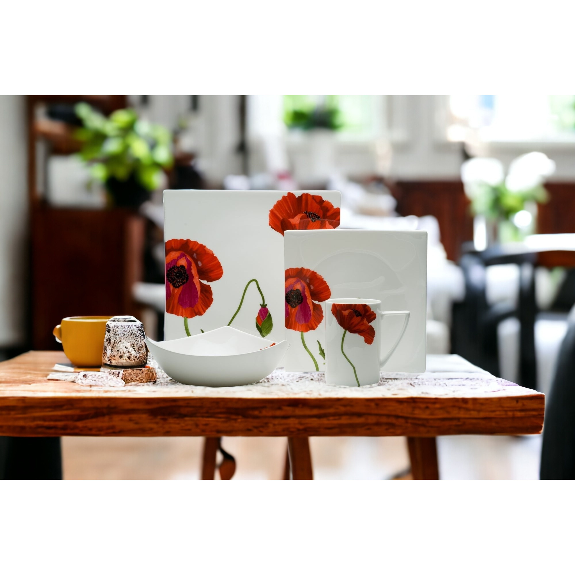 Red and White Four Piece Square Floral Bone China Dinnerware Set