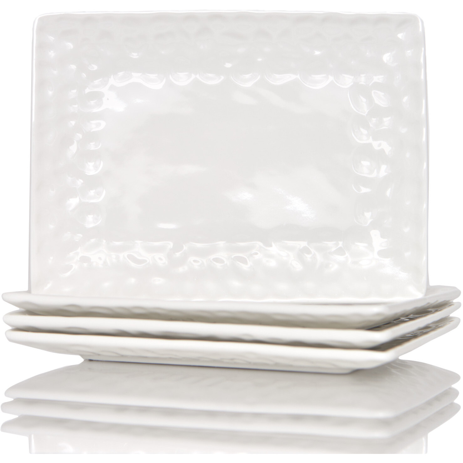 White Six Piece Rectangle Pebbled Porcelain Service For Six Dinner Plate Set