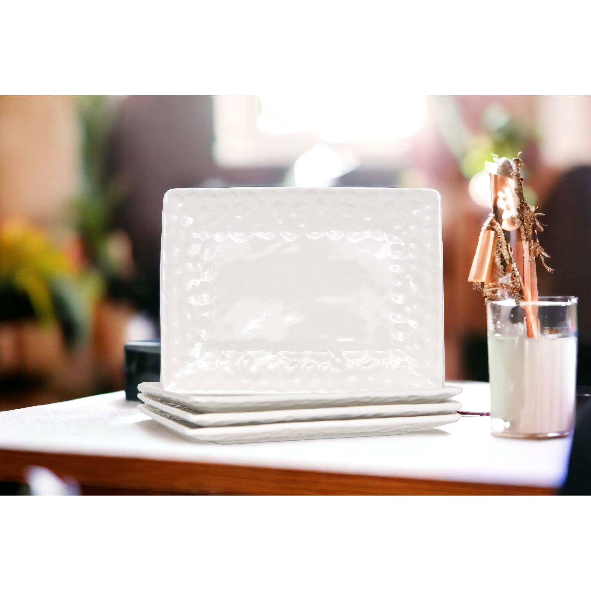 White Six Piece Rectangle Pebbled Porcelain Service For Six Dinner Plate Set
