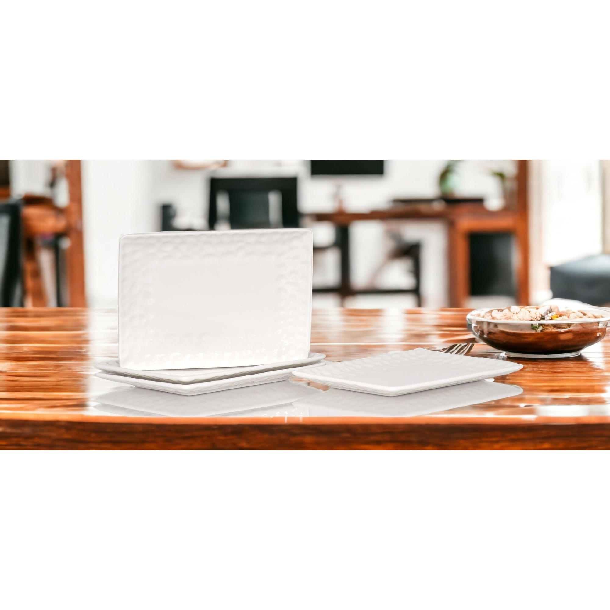 White Six Piece Rectangle Pebbled Porcelain Service For Six Salad Plate Set