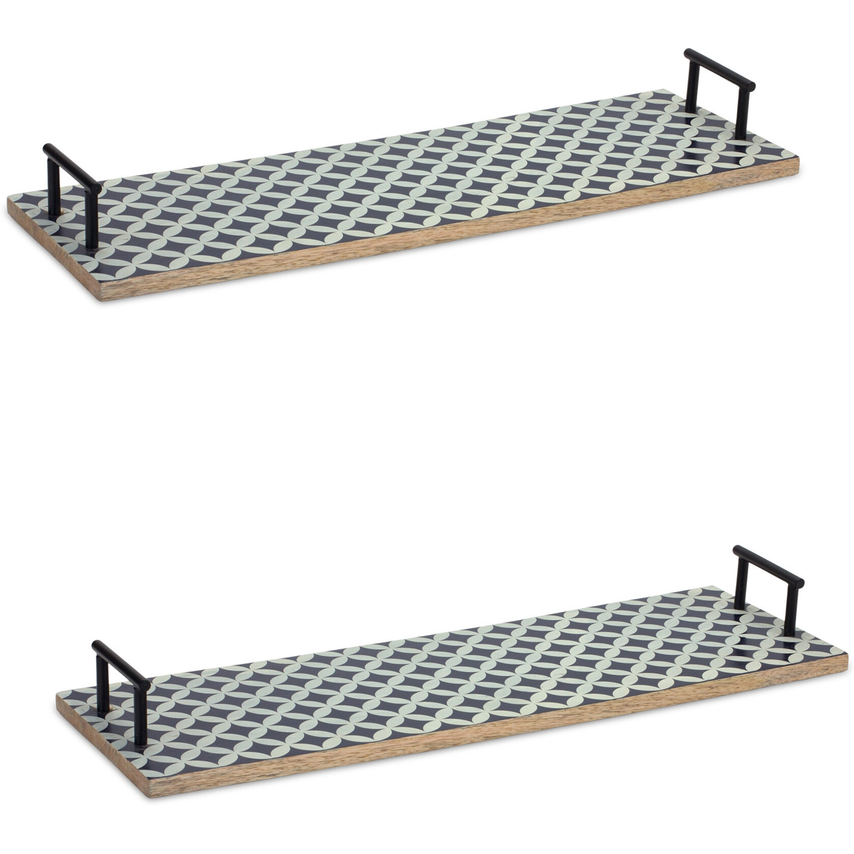 Set of Two Blue Solid Wood Serving Tray With Handles