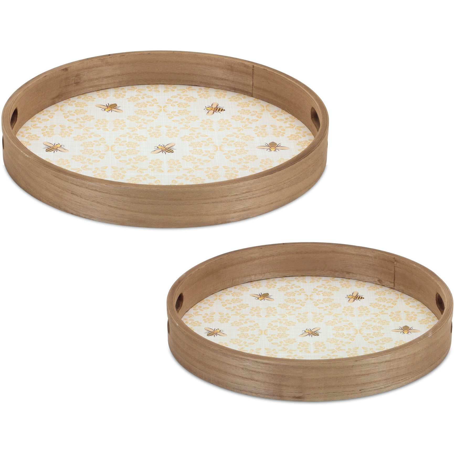 Set of Two Yellow Round Solid Wood Serving Tray With Handles
