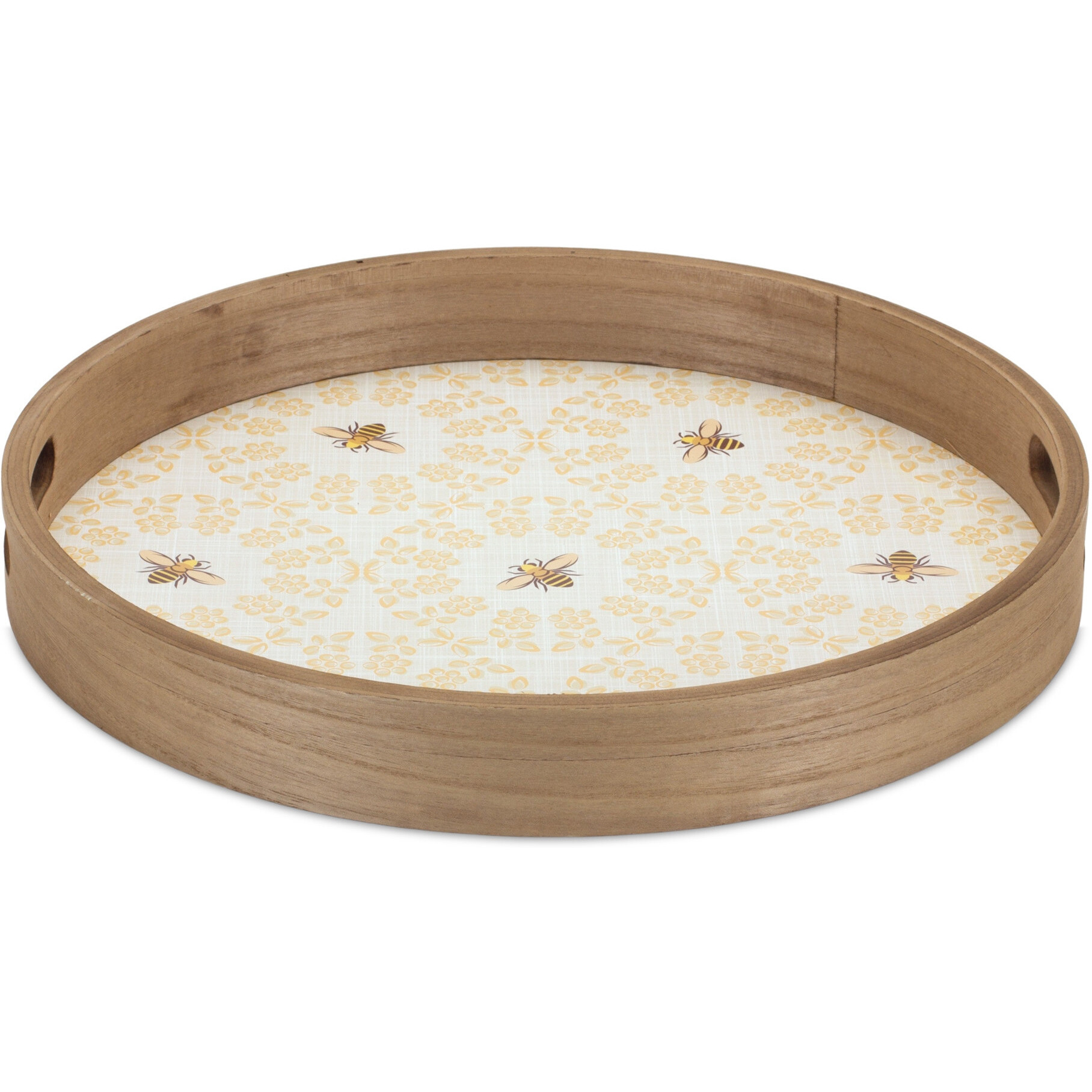 Set of Two Yellow Round Solid Wood Serving Tray With Handles