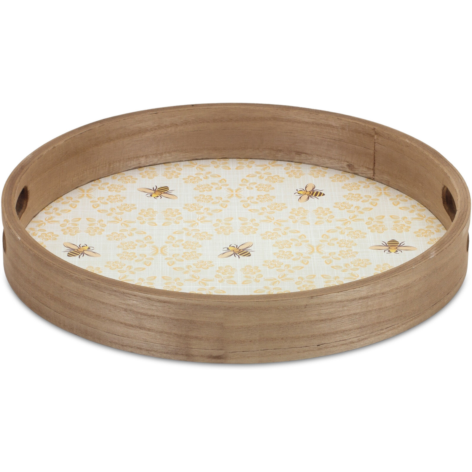 Set of Two Yellow Round Solid Wood Serving Tray With Handles