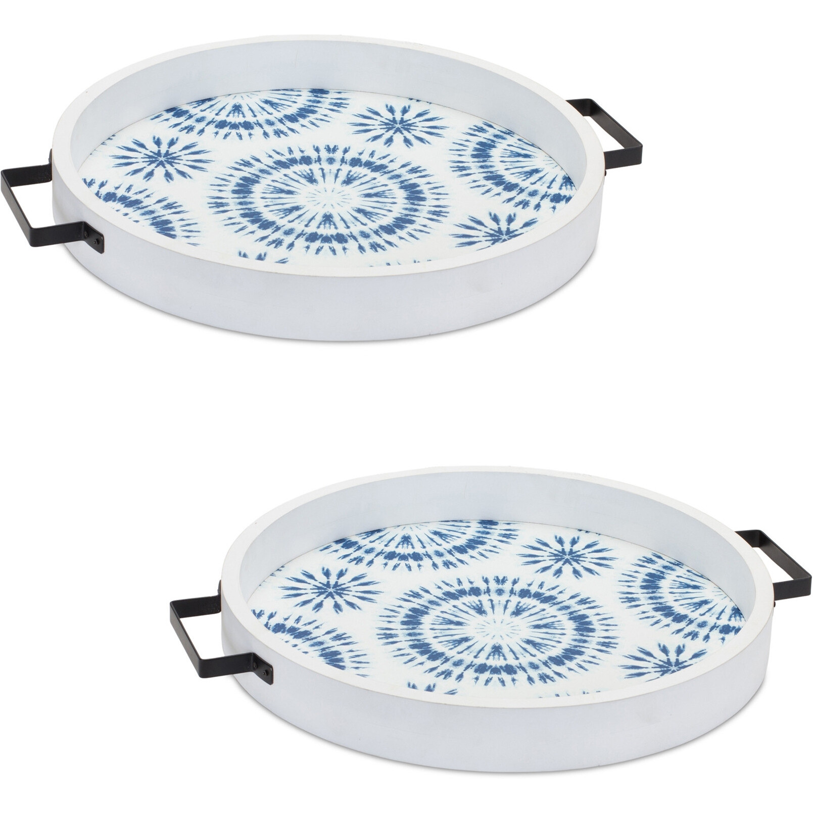 Set of Two Blue Round Solid Wood Vanity Tray With Handles
