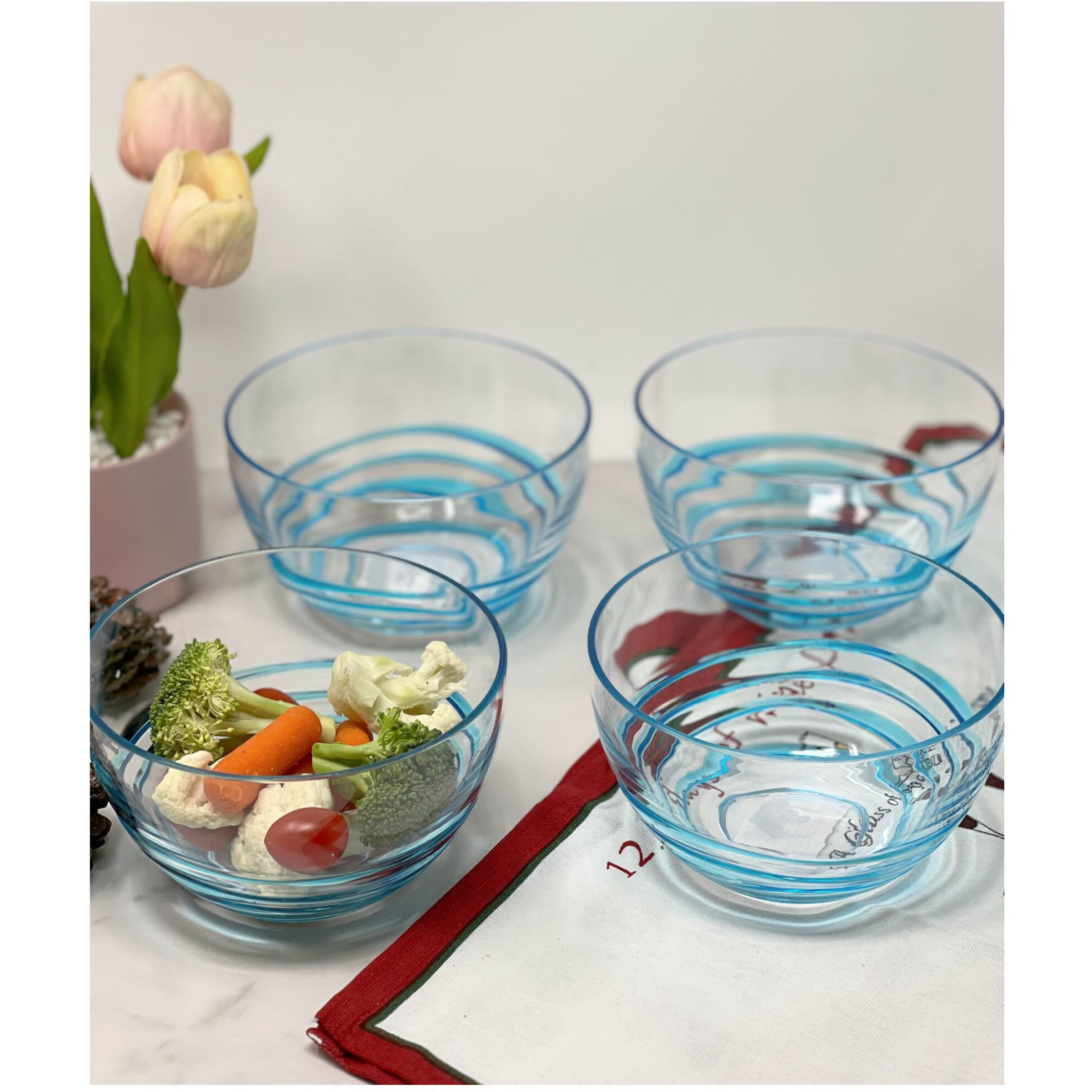 Clear and Blue Four Piece Swirl Acrylic Service For Four Bowl Set