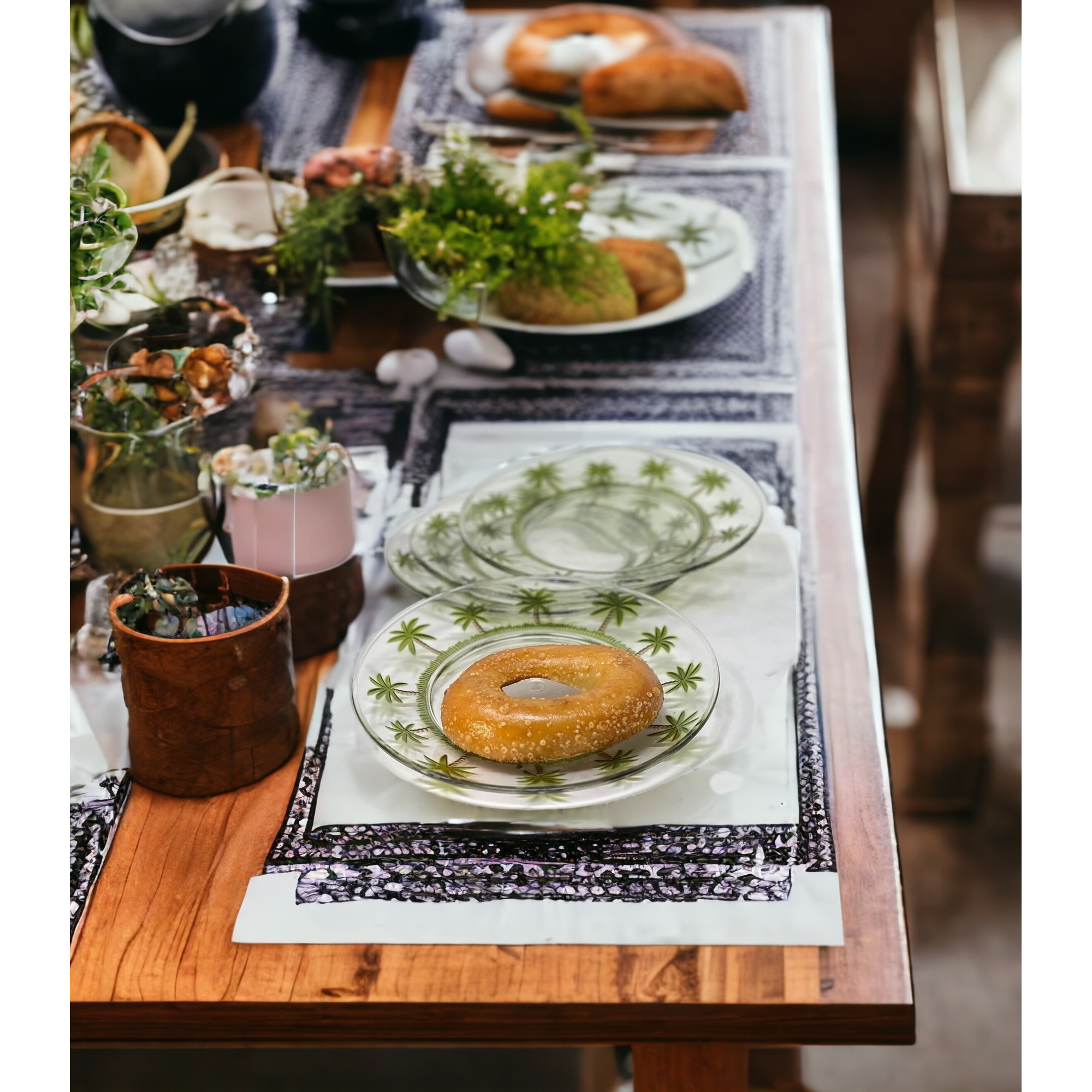 Clear and Green Four Piece Palm Tree Acrylic Service For Four Dinner Plate Set