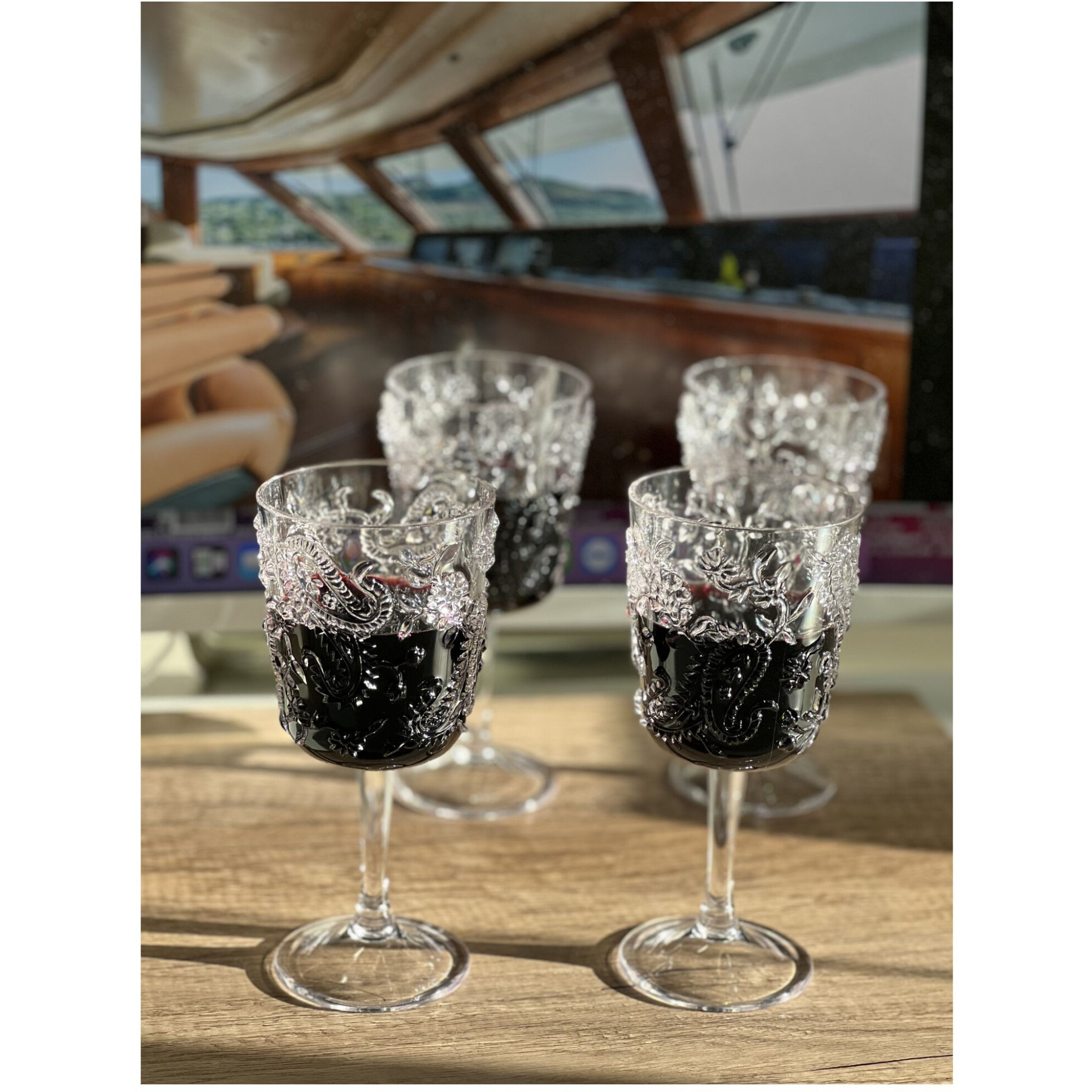 Set of Four Clear Paisley Acrylic Stemmed All Purpose Wine Glass