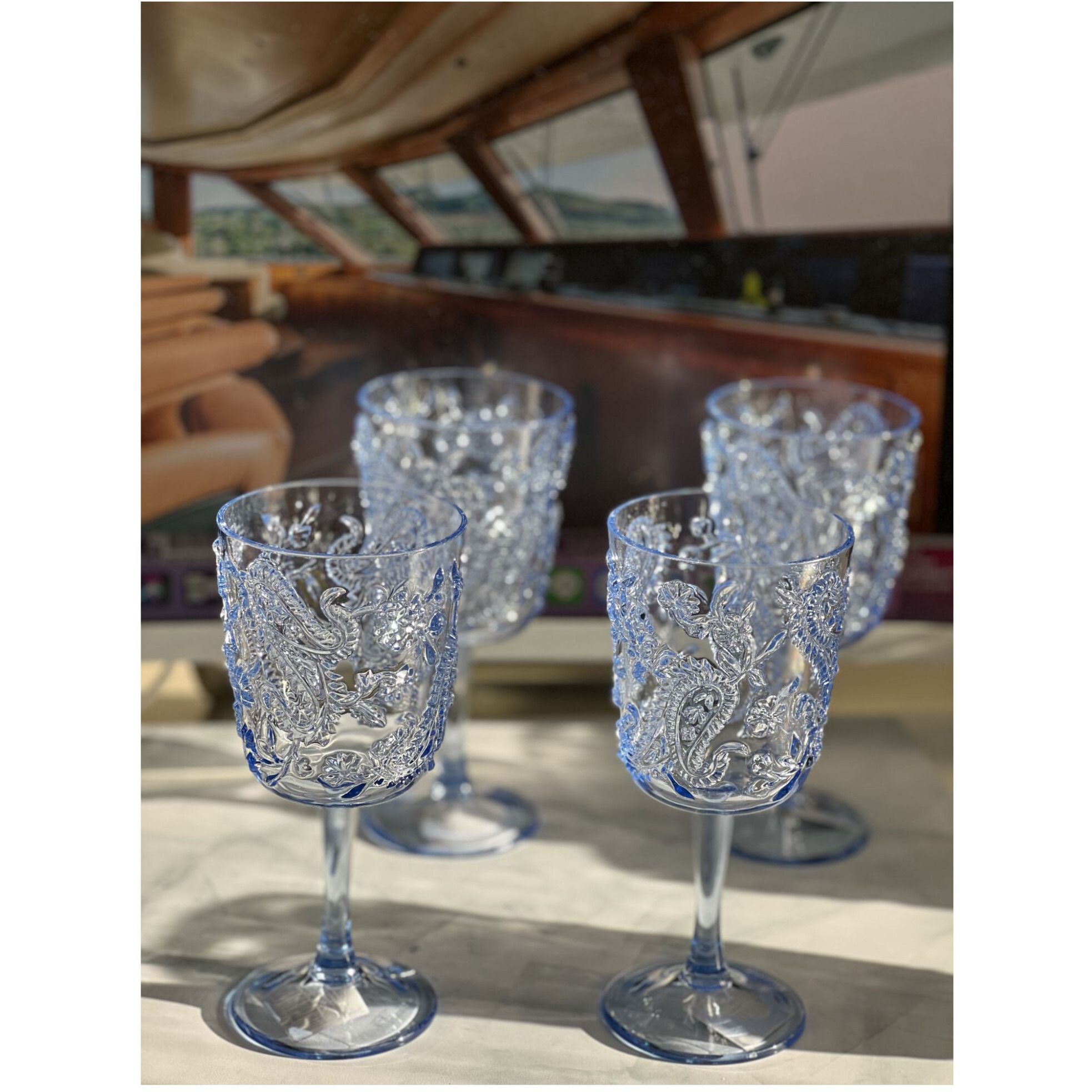 Set of Four Blue Paisley Acrylic Stemmed All Purpose Wine Glass