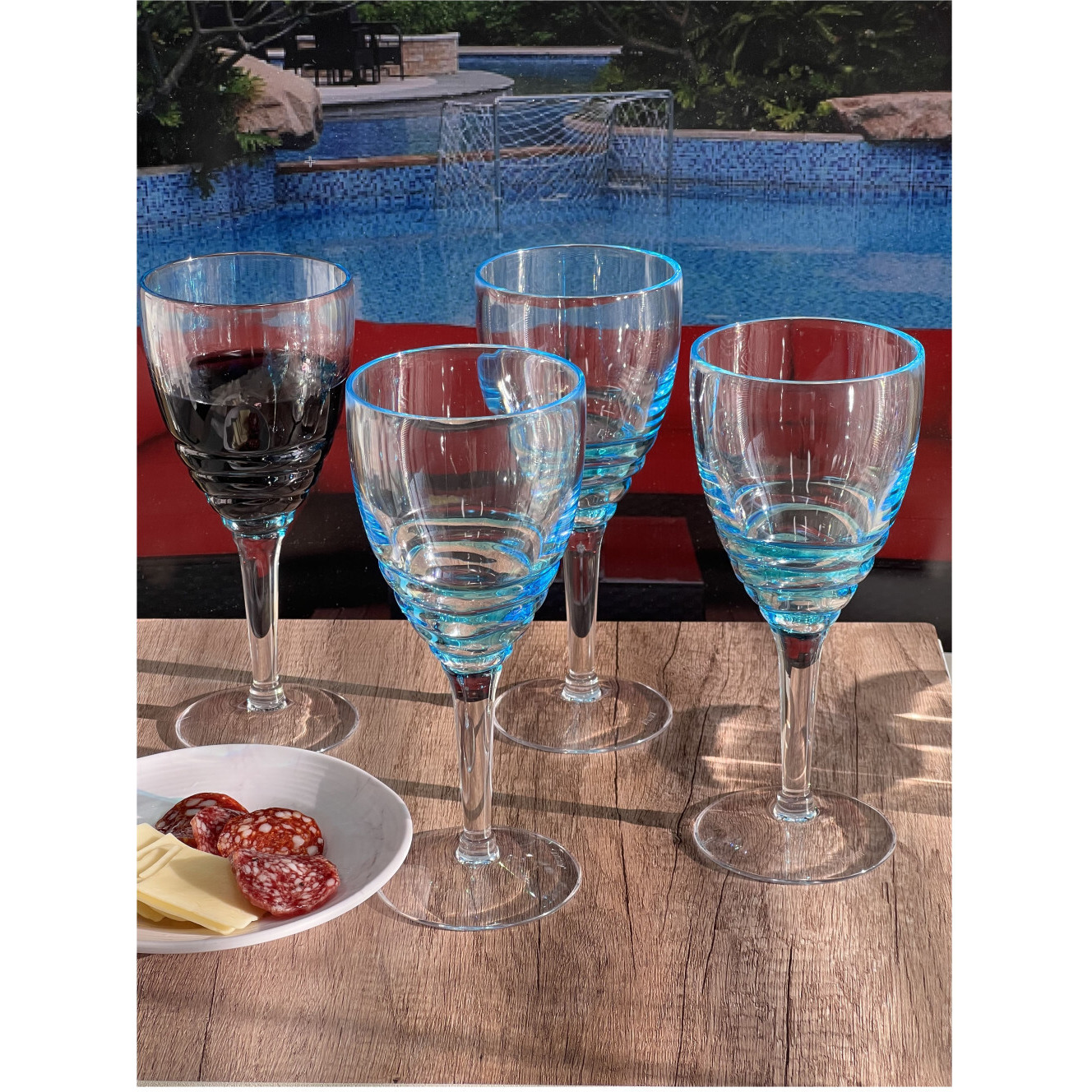 Set of Four Clear and Blue Swirl Acrylic Stemmed All Purpose Wine Glass