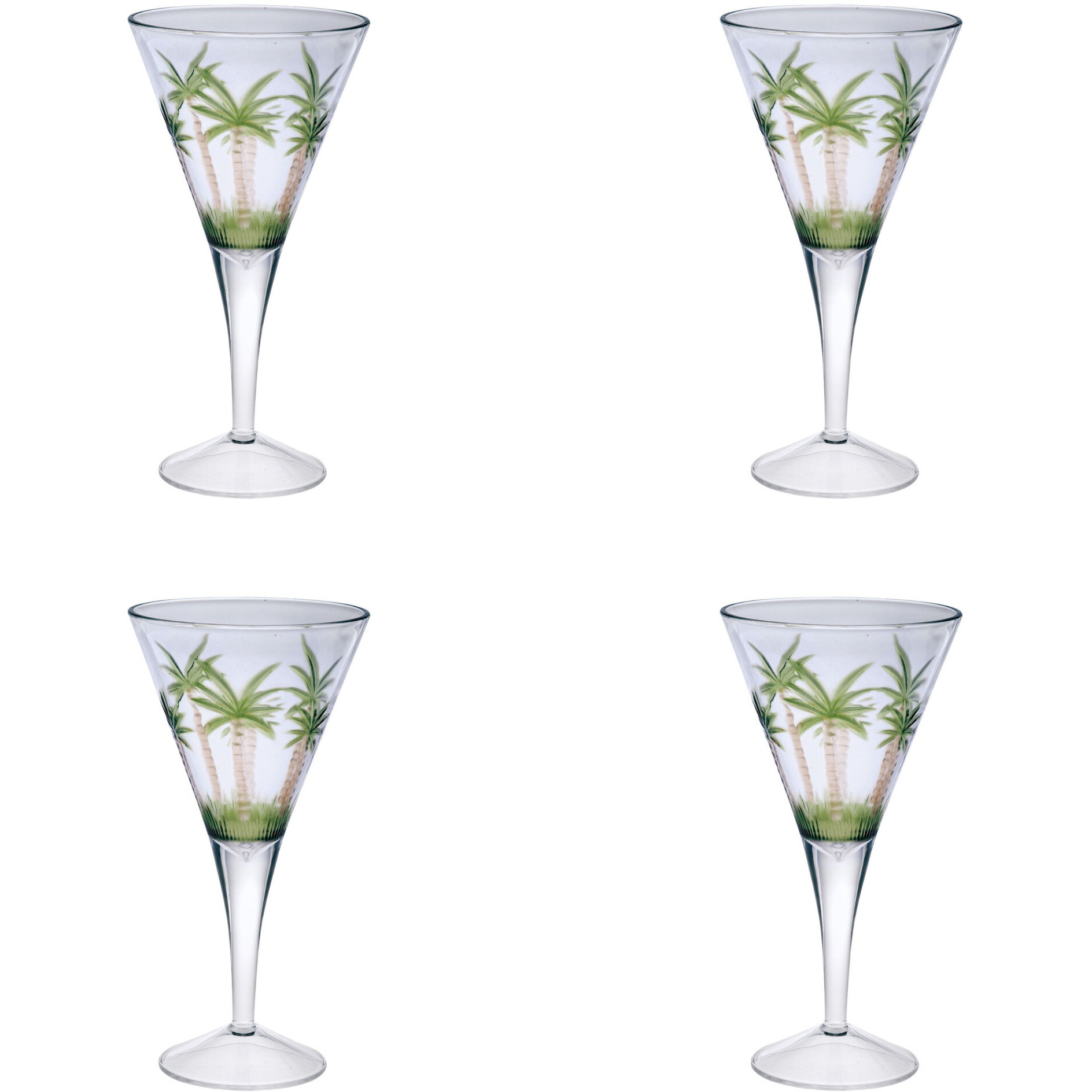 Set of Four Clear and Green Palm Tree Acrylic Stemmed All Purpose Wine Glasses