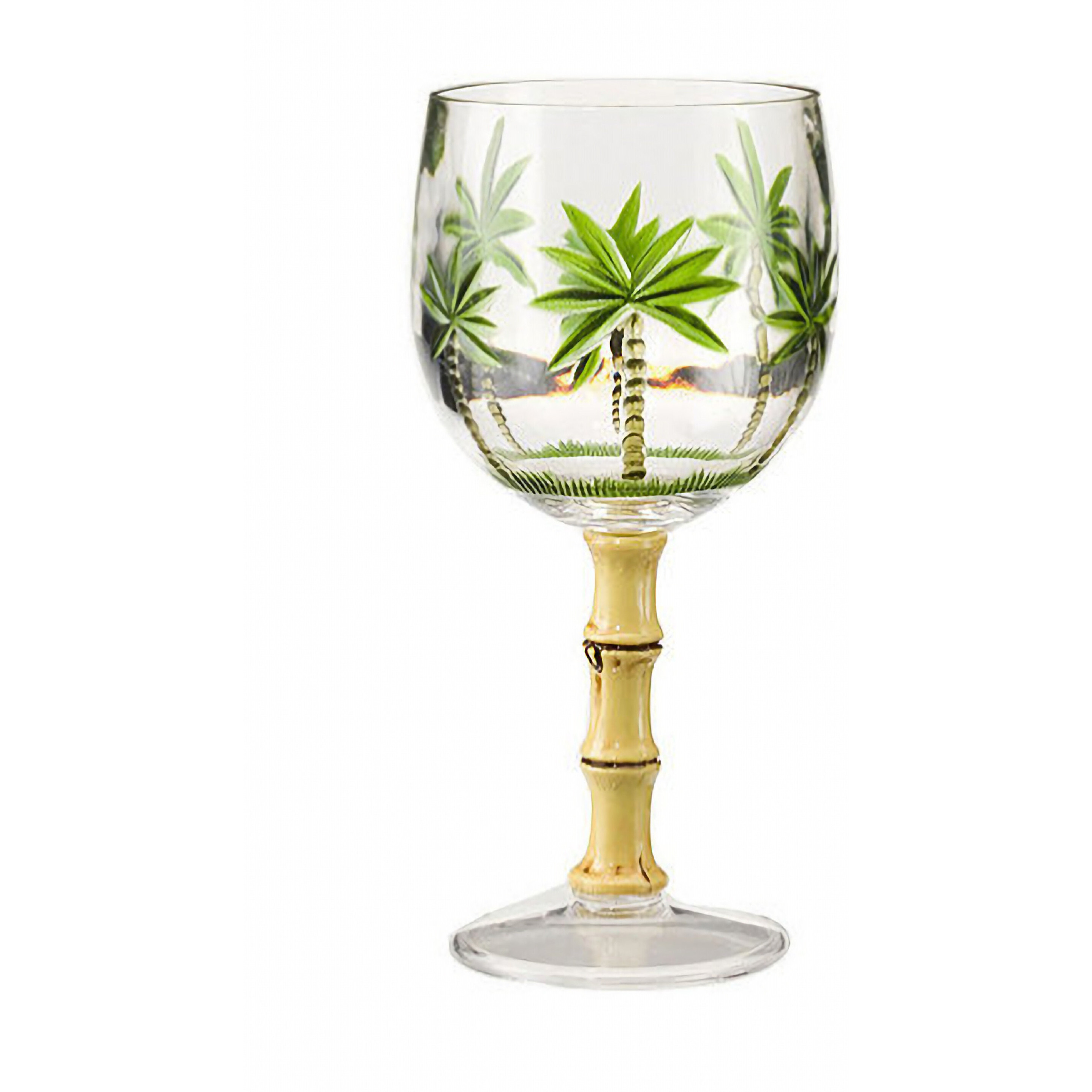 Set of Four Clear and Green Palm Tree Acrylic Stemmed All Purpose Wine Glasses