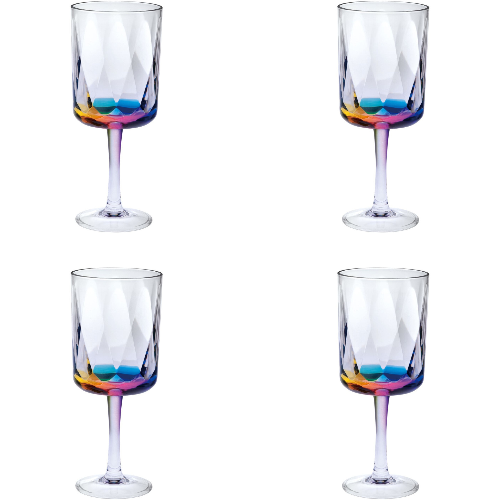 Set of Four Clear and Rainbow Geometric Acrylic Stemmed All Purpose Wine Glasses
