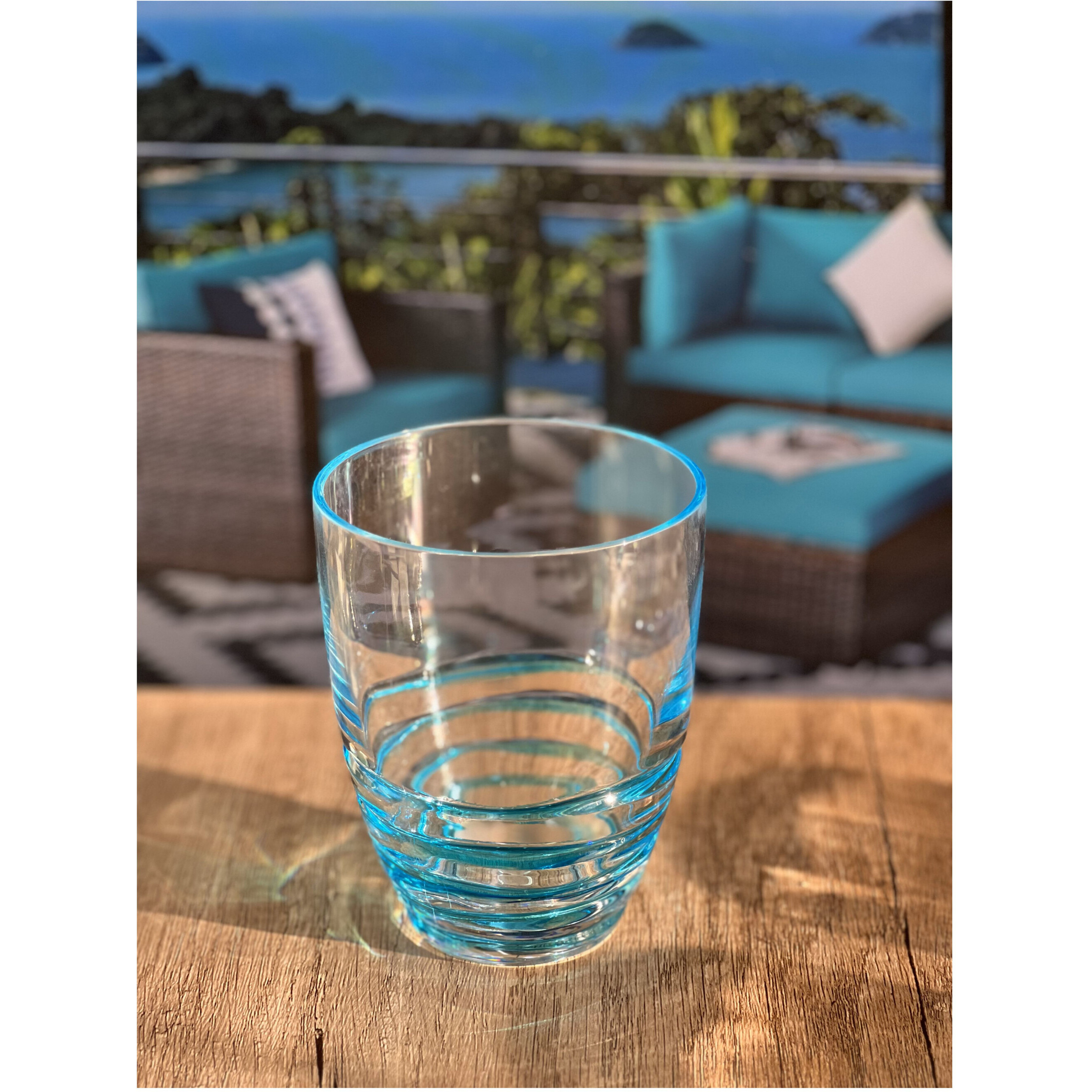 Set of Four Clear and Blue Acrylic Stemless Whiskey Glasses