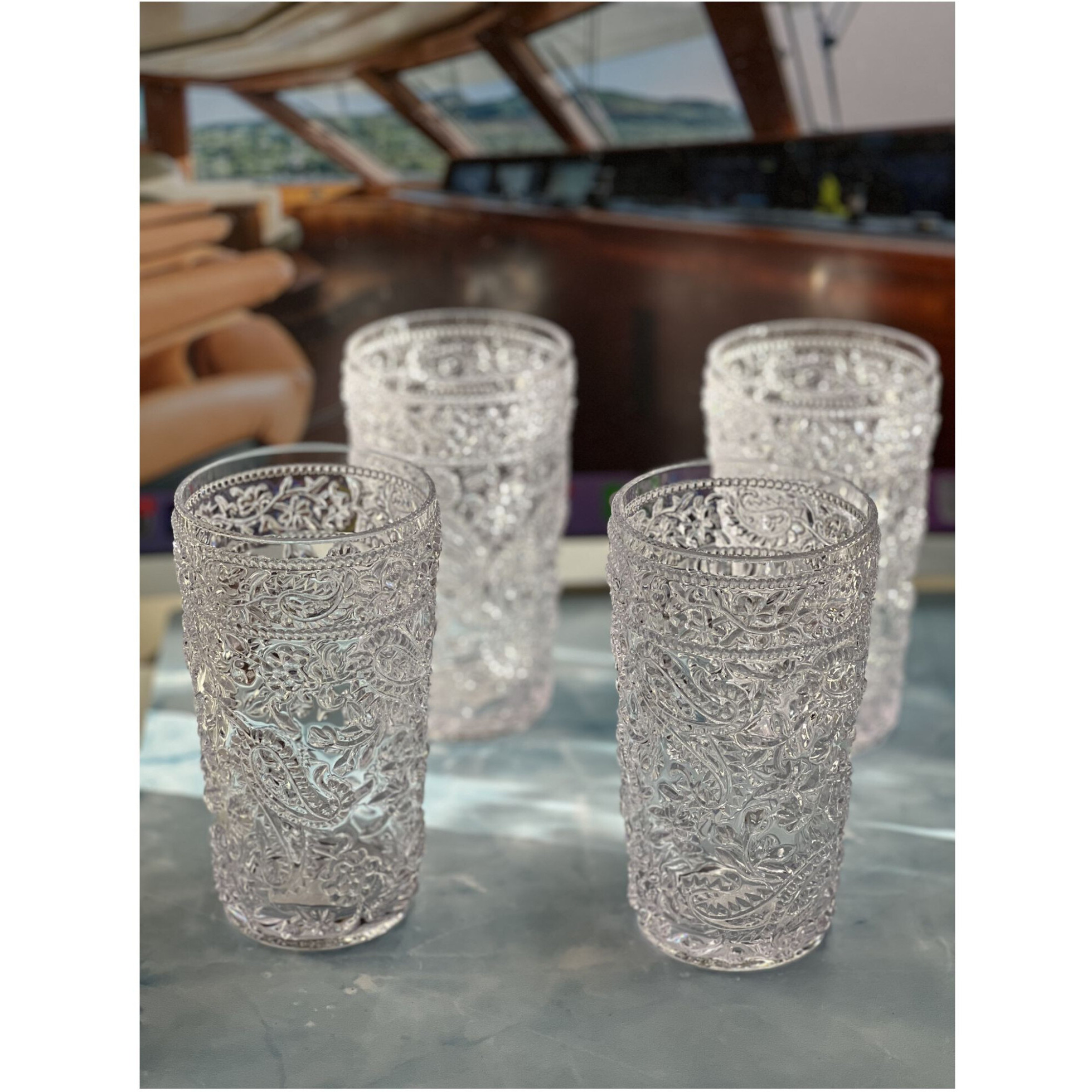 Set of Four Clear Paisley Acrylic Stemless Highball Glass