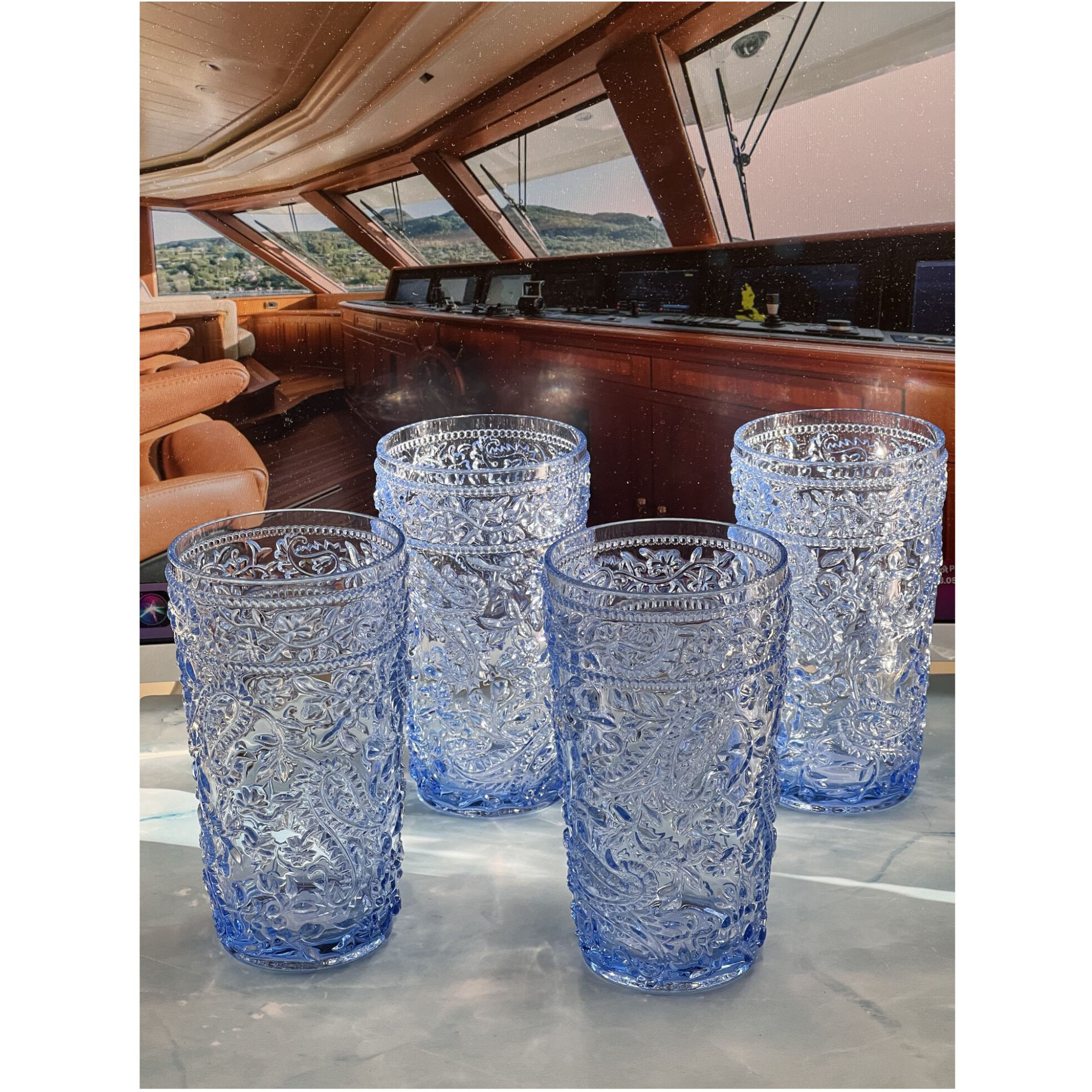 Set of Four Blue Paisley Acrylic Stemless Highball Glass