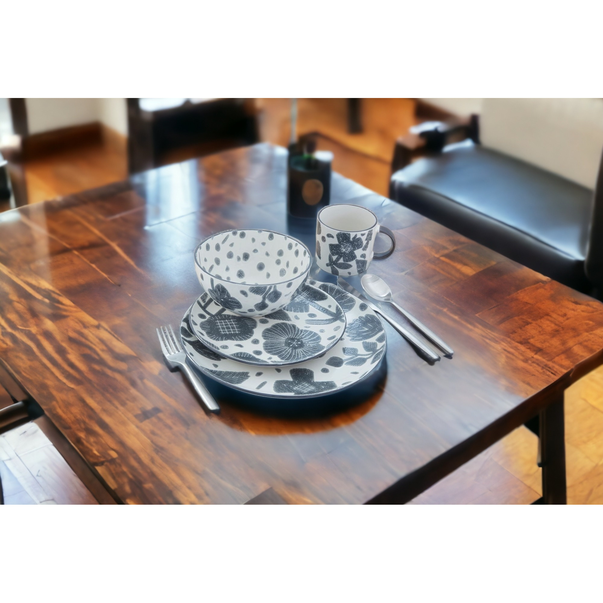 Gray and Ivory Sixteen Piece Round Floral Ceramic Service For Four Dinnerware Set