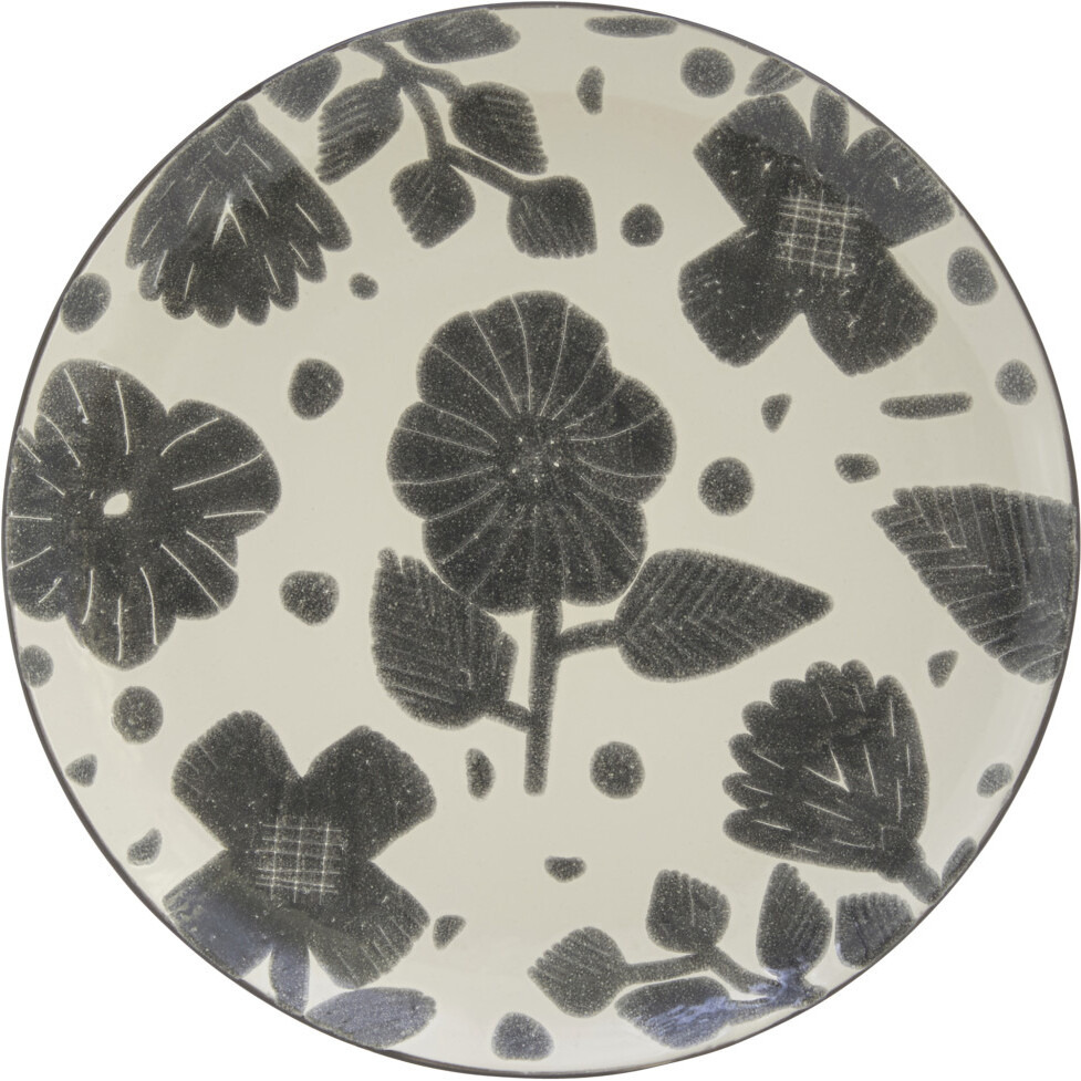 Gray and Ivory Sixteen Piece Round Floral Ceramic Service For Four Dinnerware Set