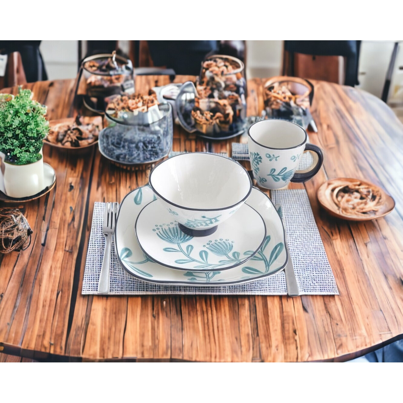 Blue and White Sixteen Piece Round Floral Ceramic Service For Four Dinnerware Set