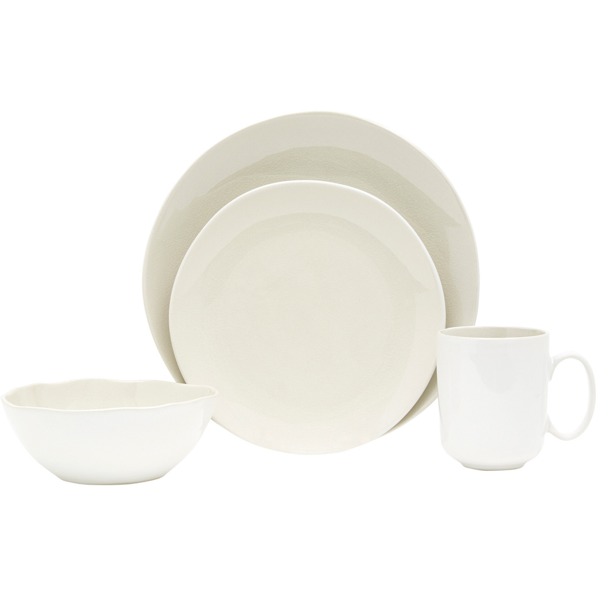 White and Natural Sixteen Piece Round Ceramic Service For Four Dinnerware Set