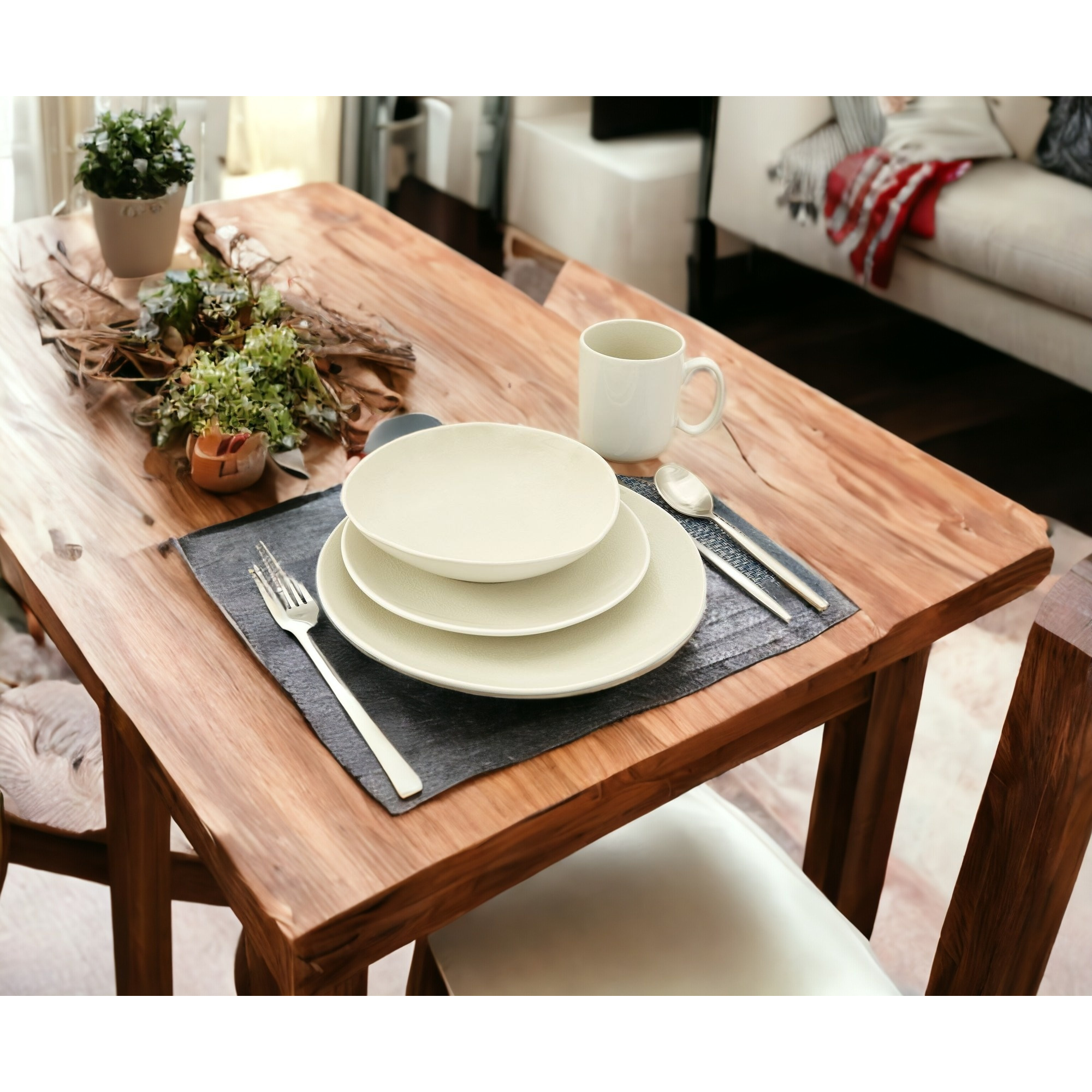 White and Natural Sixteen Piece Round Ceramic Service For Four Dinnerware Set