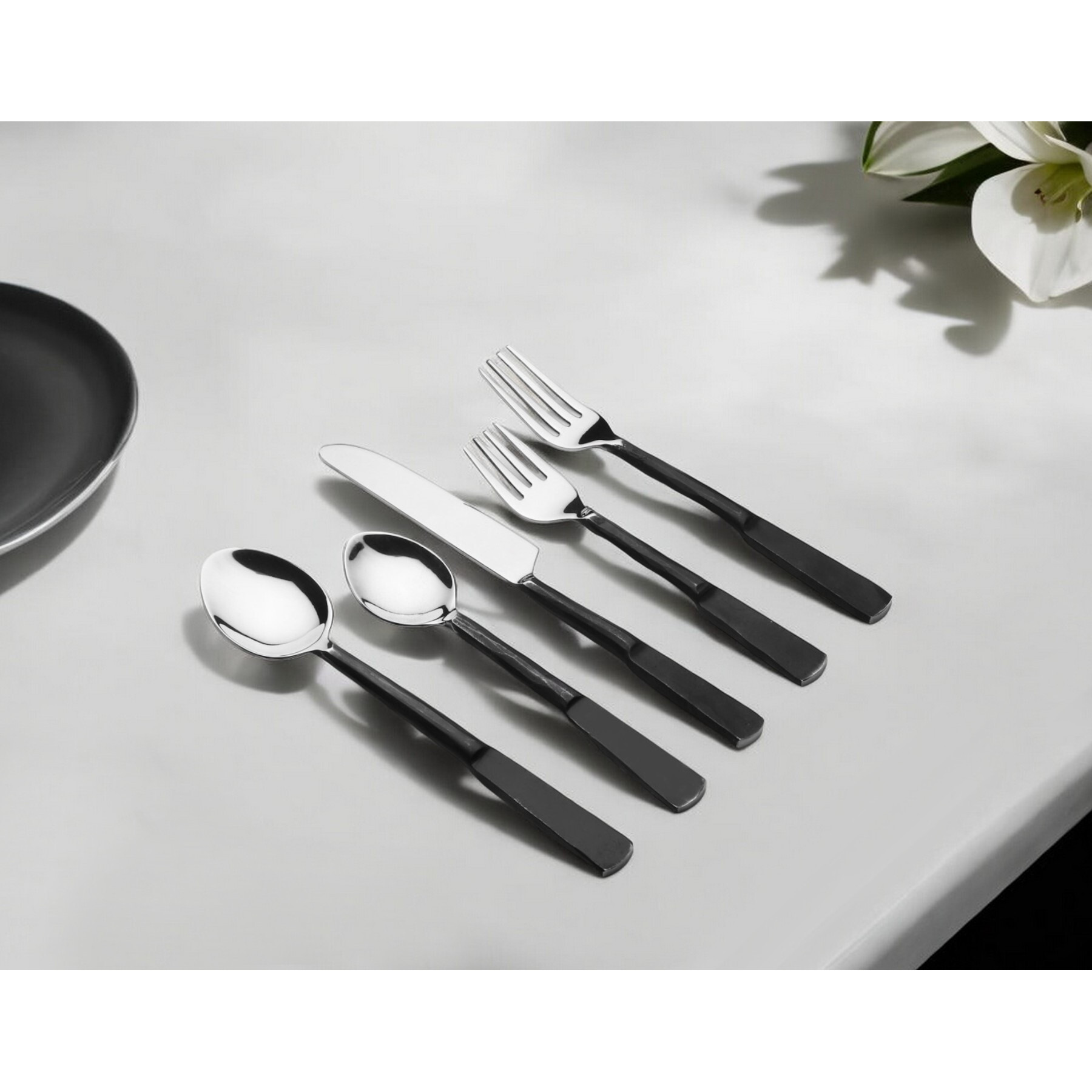 Matte Black Stainless Steel Twenty Piece Hand Forged Flatware Set