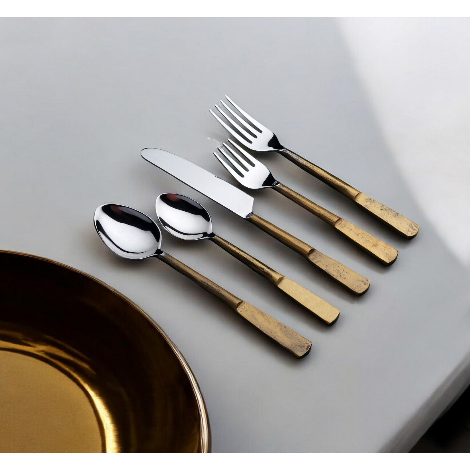 Matte Gold Stainless Steel Twenty Piece Hand Forged Flatware Set