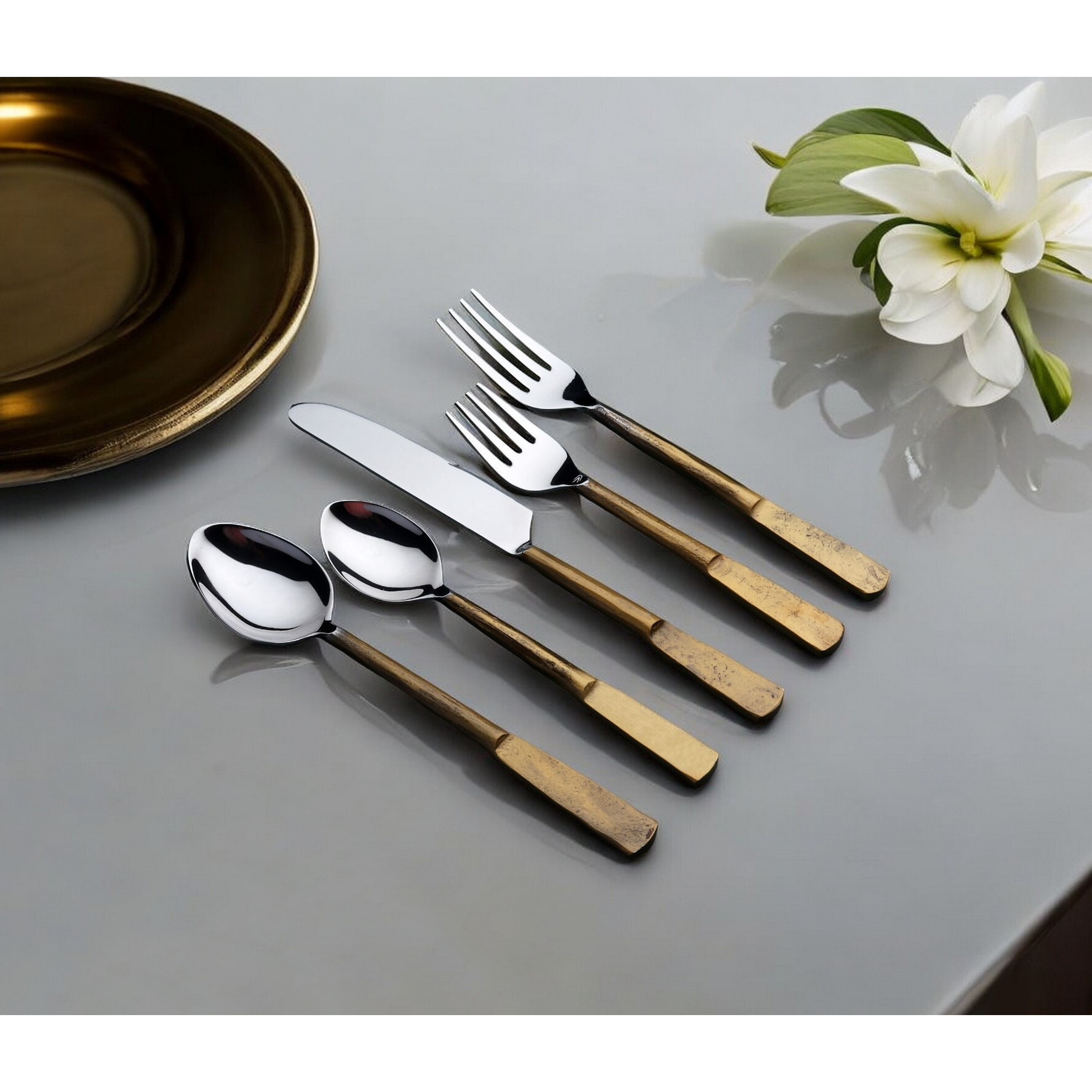 Matte Gold Stainless Steel Five Piece Hand Forged Place Setting
