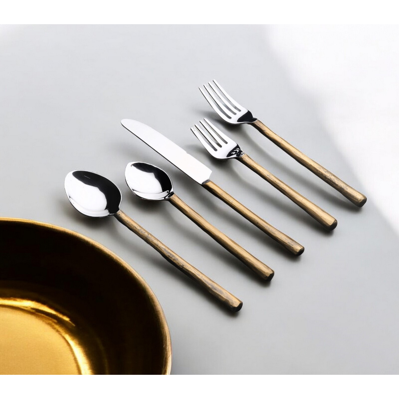 Matte Gold Stainless Steel Twenty Piece Hand Forged Flatware Set