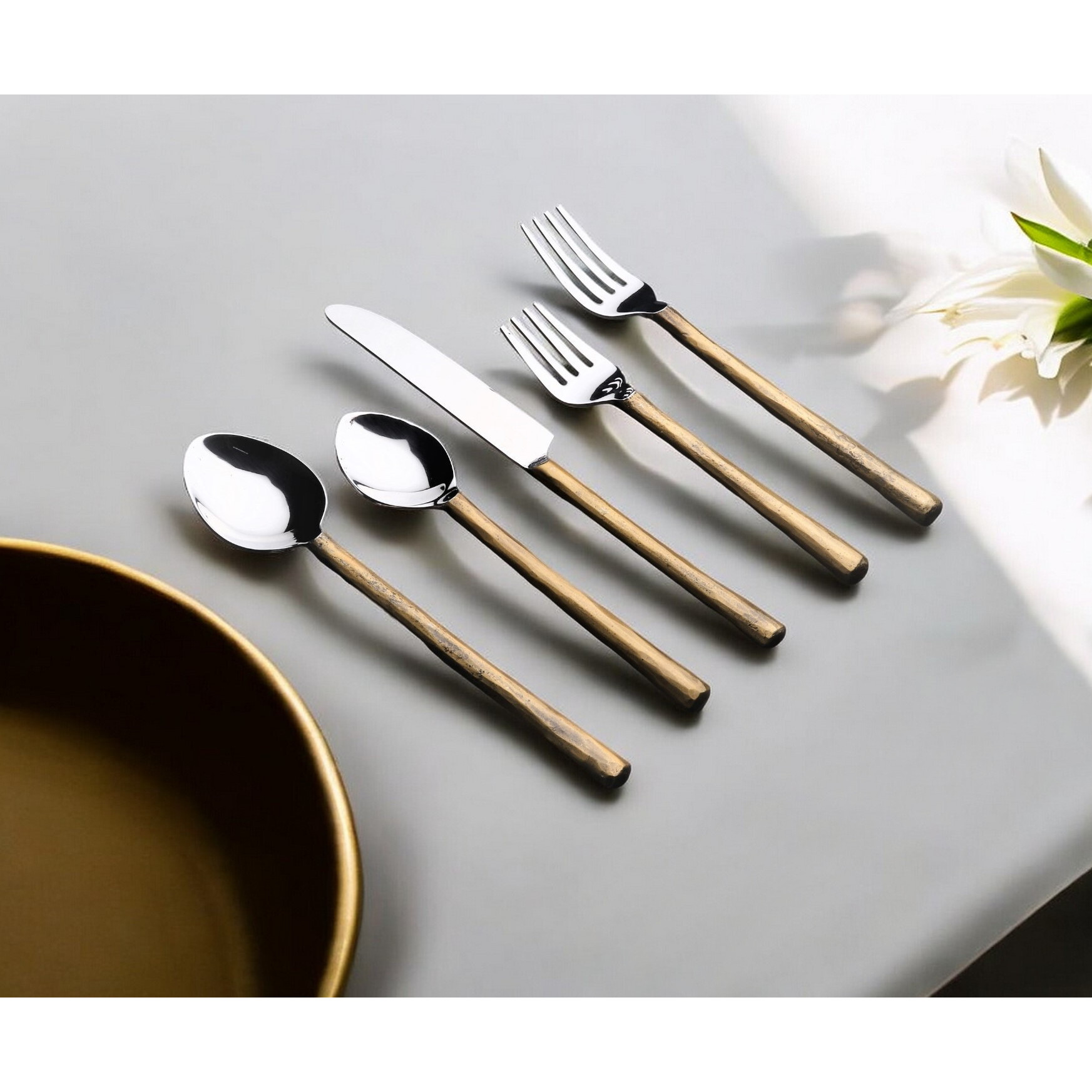 Matte Gold Stainless Steel Five Piece Hand Forged Flatware Set
