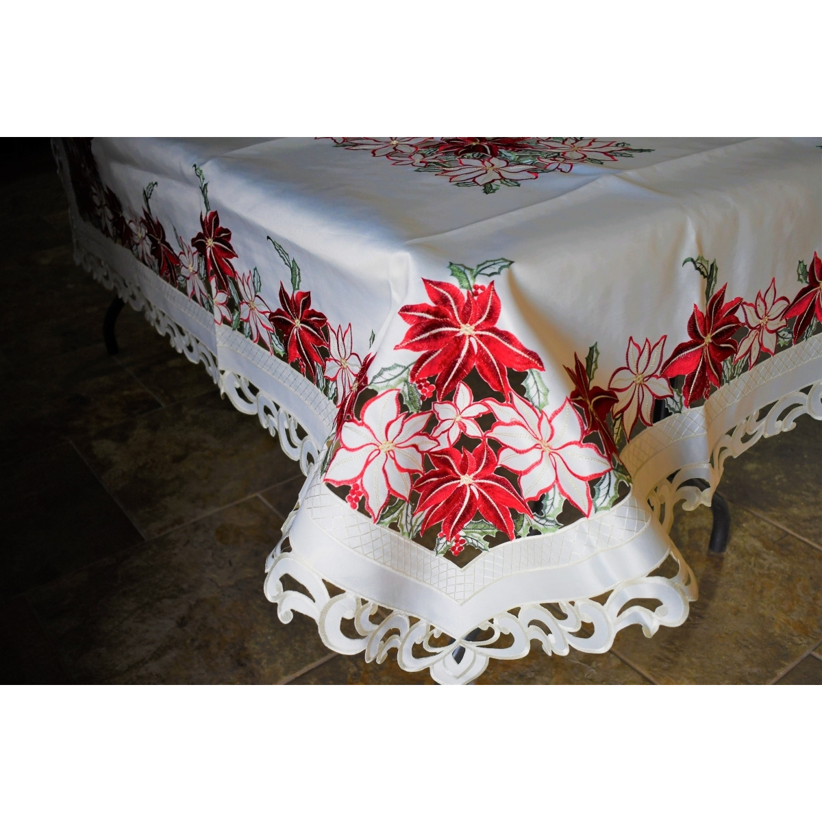 68 x 126 in. Red & White Poinsettia Allover Tablecloth