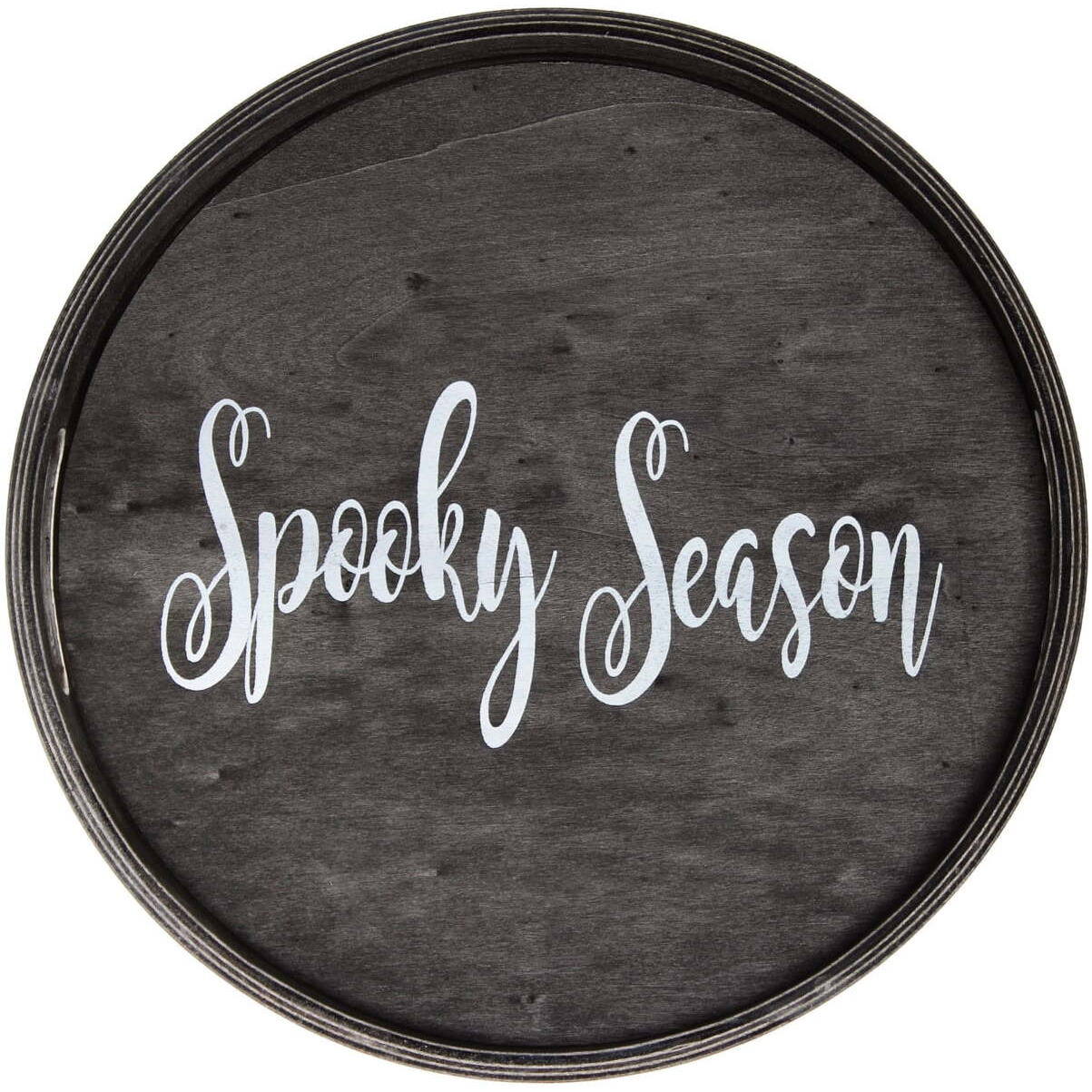 Decorative 13.75in. Round Wood Serving Tray w/ Handles&44 Spooky Season