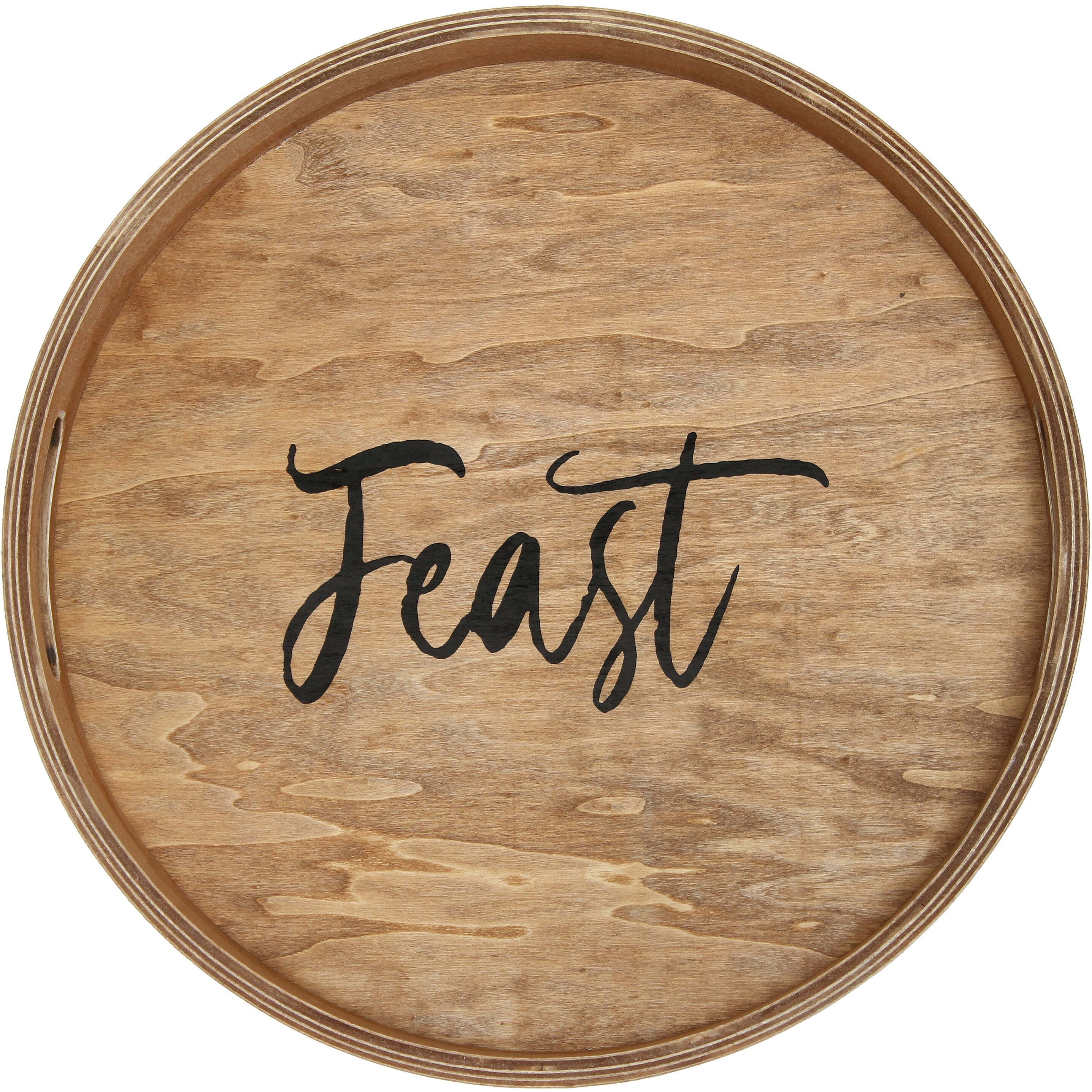 Decorative 13.75in. Round Wood Serving Tray w/ Handles&44 Feast